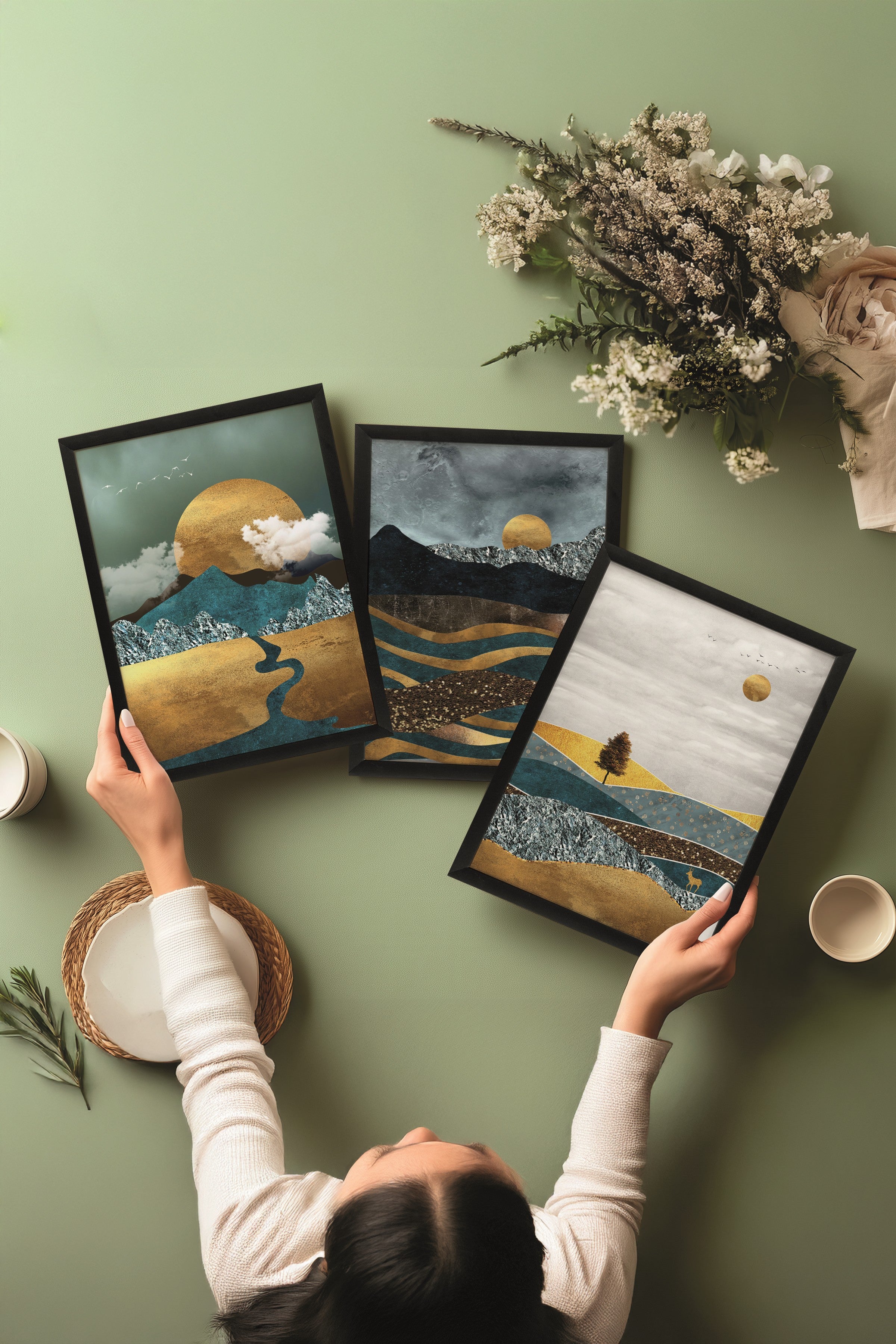 Siyah Tablo Seti, 3 Adet Siyah Çerçeveli Poster Sun by the Mountain Model No:300884, Duvar Dekoru