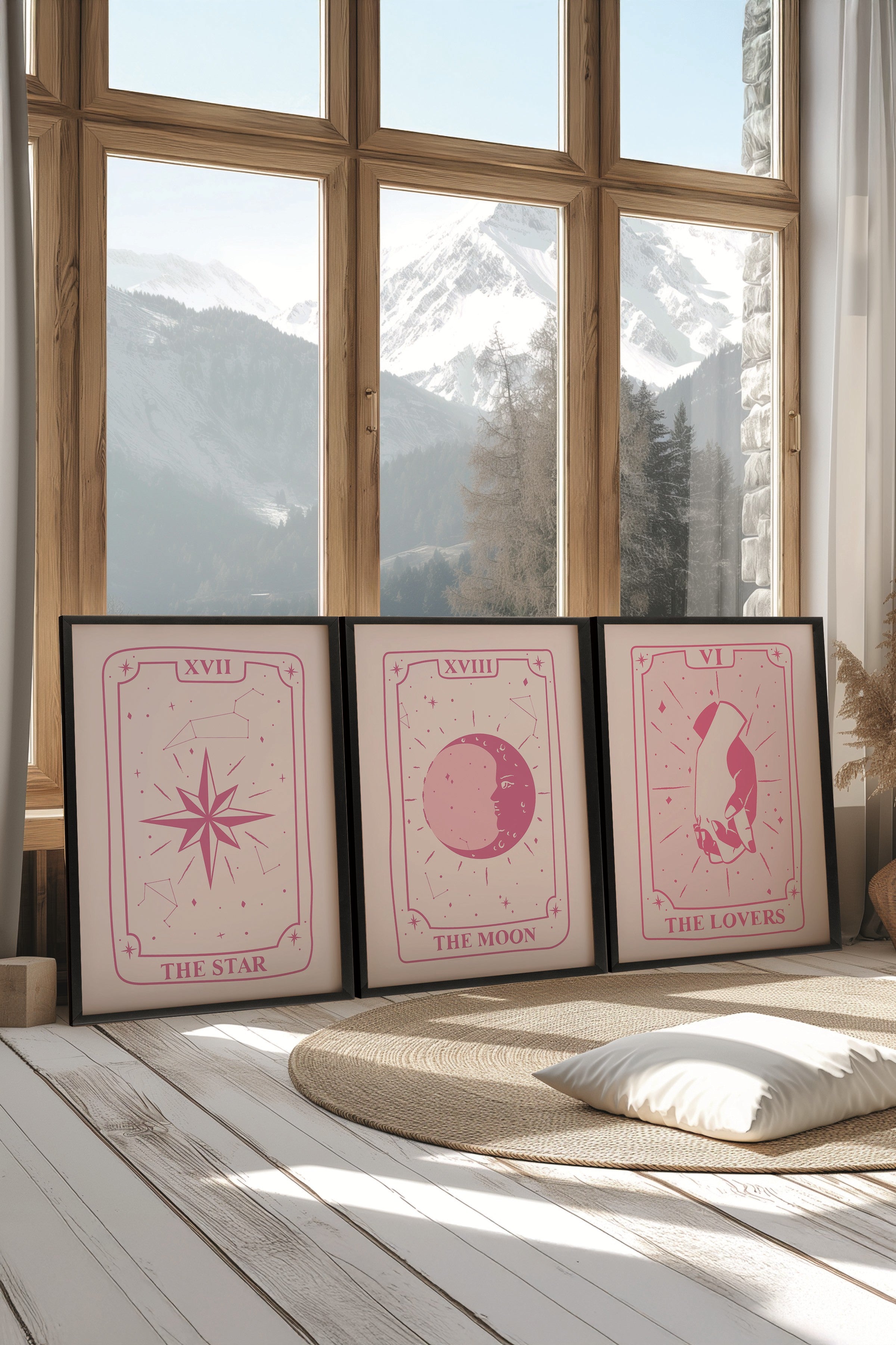 Siyah Tablo Seti, 3 Adet Siyah Çerçeveli Poster tarot cards Model No:300898, Pembe Duvar Dekoru