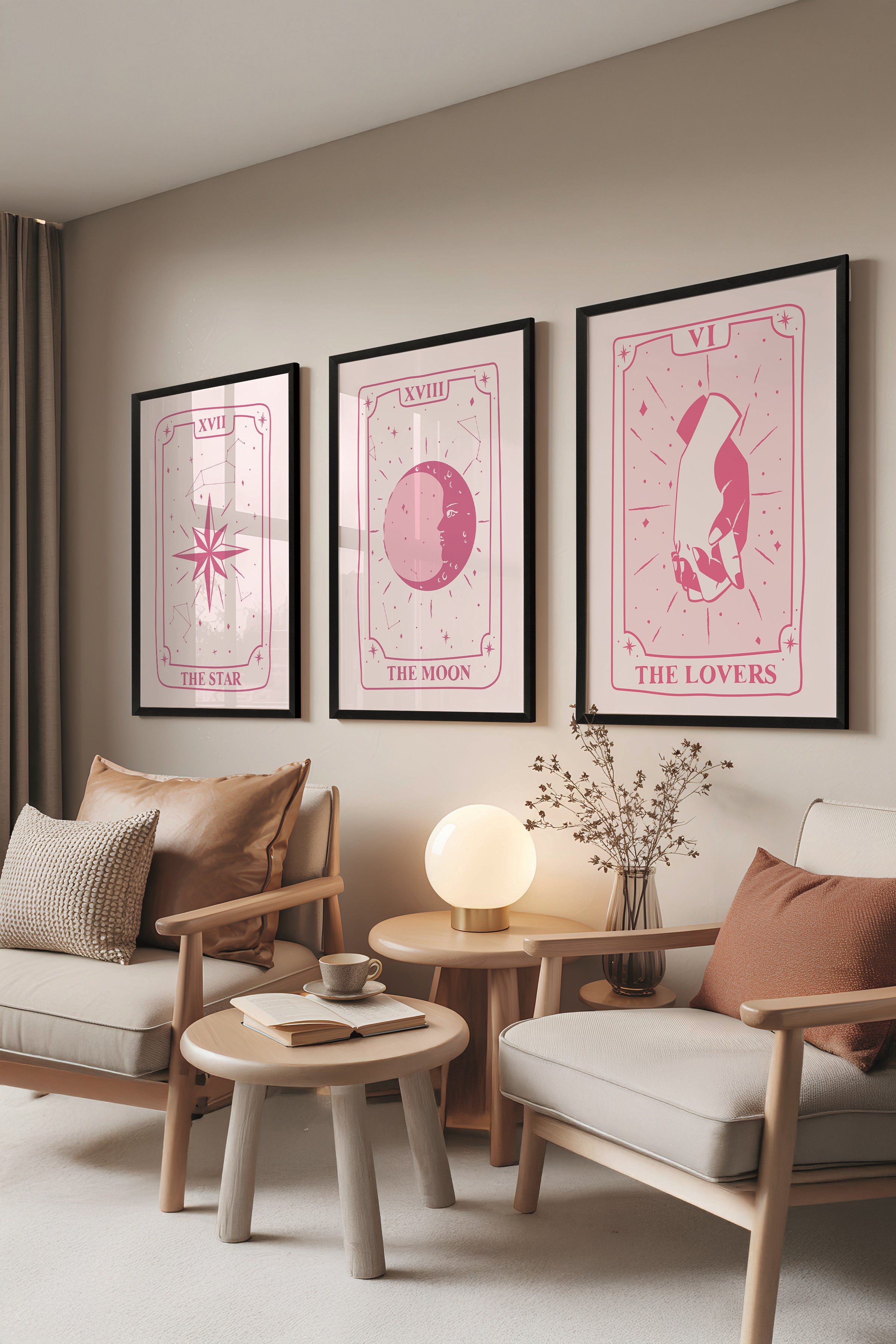 Siyah Tablo Seti, 3 Adet Siyah Çerçeveli Poster tarot cards Model No:300898, Pembe Duvar Dekoru