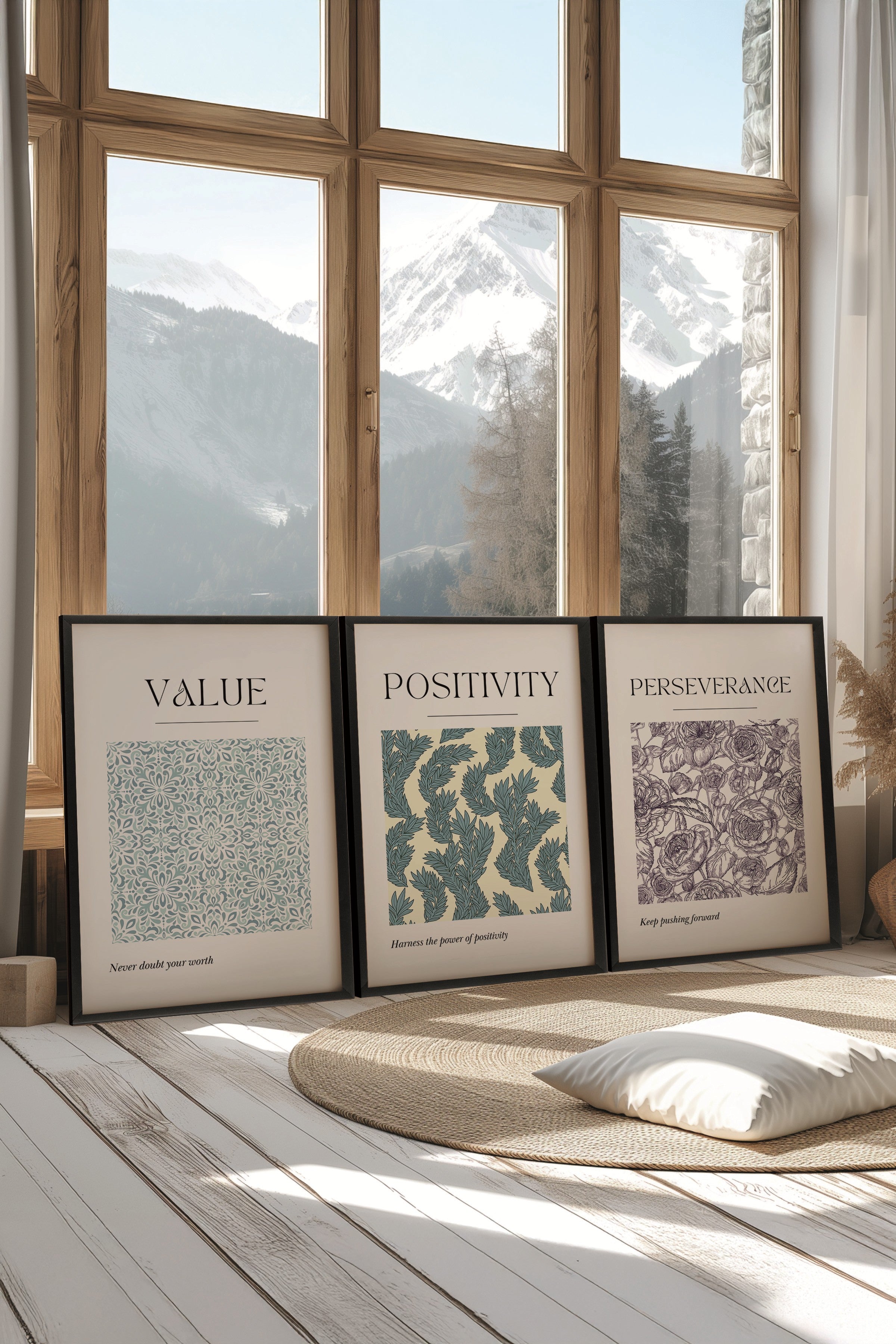 Siyah Tablo Seti, 3 Adet Siyah Çerçeveli Poster Values Model No:300847, Mavi ve Mor Duvar Dekoru