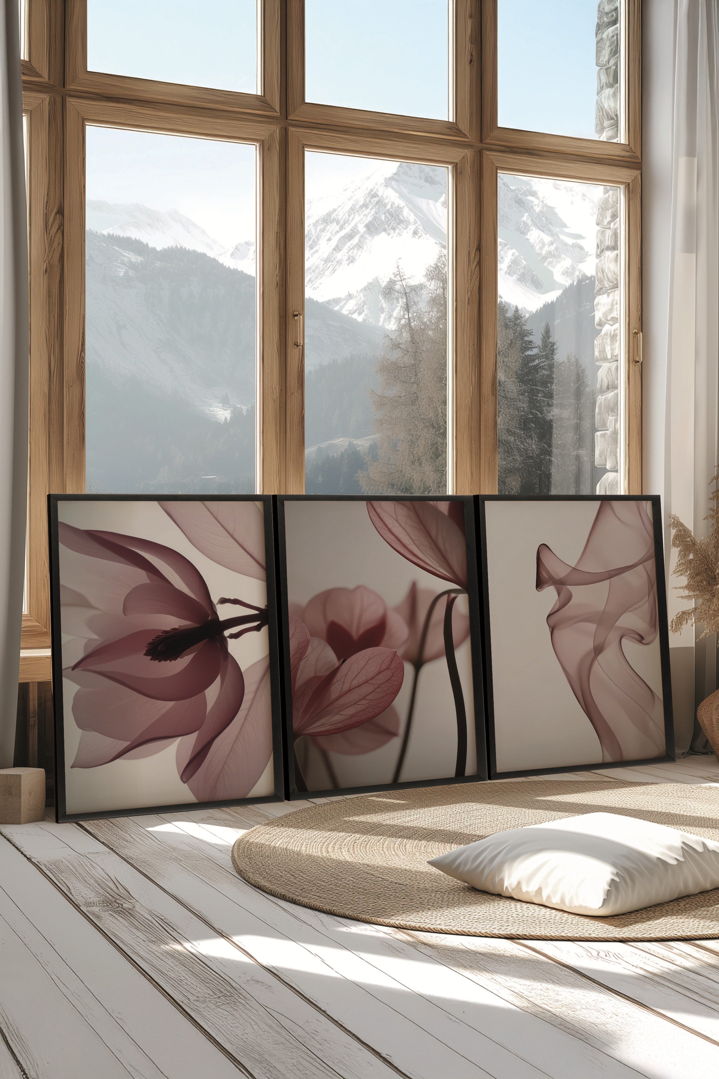 Siyah Tablo Seti, 3 Adet Siyah Çerçeveli Poster Vivid Flower Model No:300800, Kırmızı Duvar Dekoru