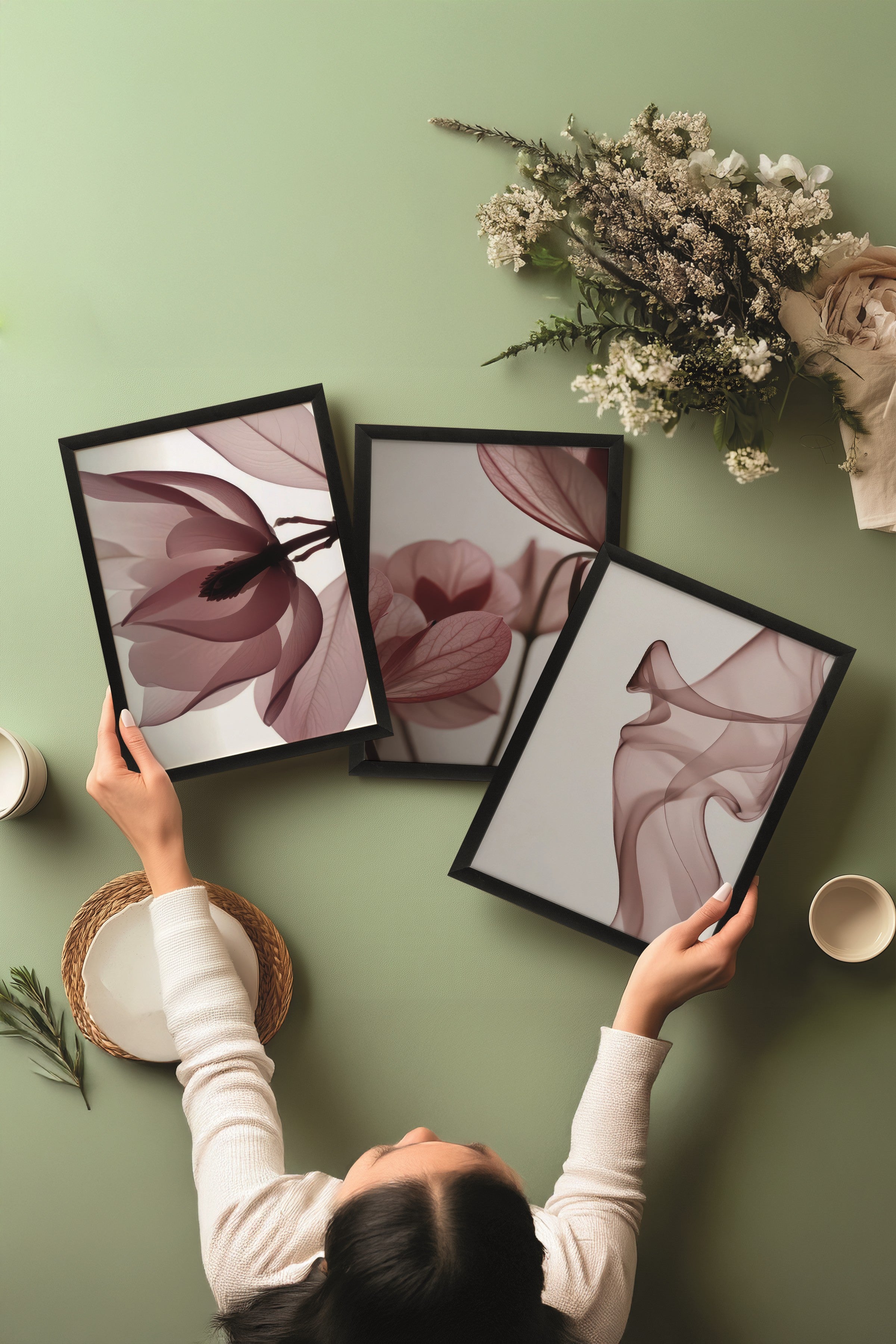 Siyah Tablo Seti, 3 Adet Siyah Çerçeveli Poster Vivid Flower Model No:300800, Kırmızı Duvar Dekoru