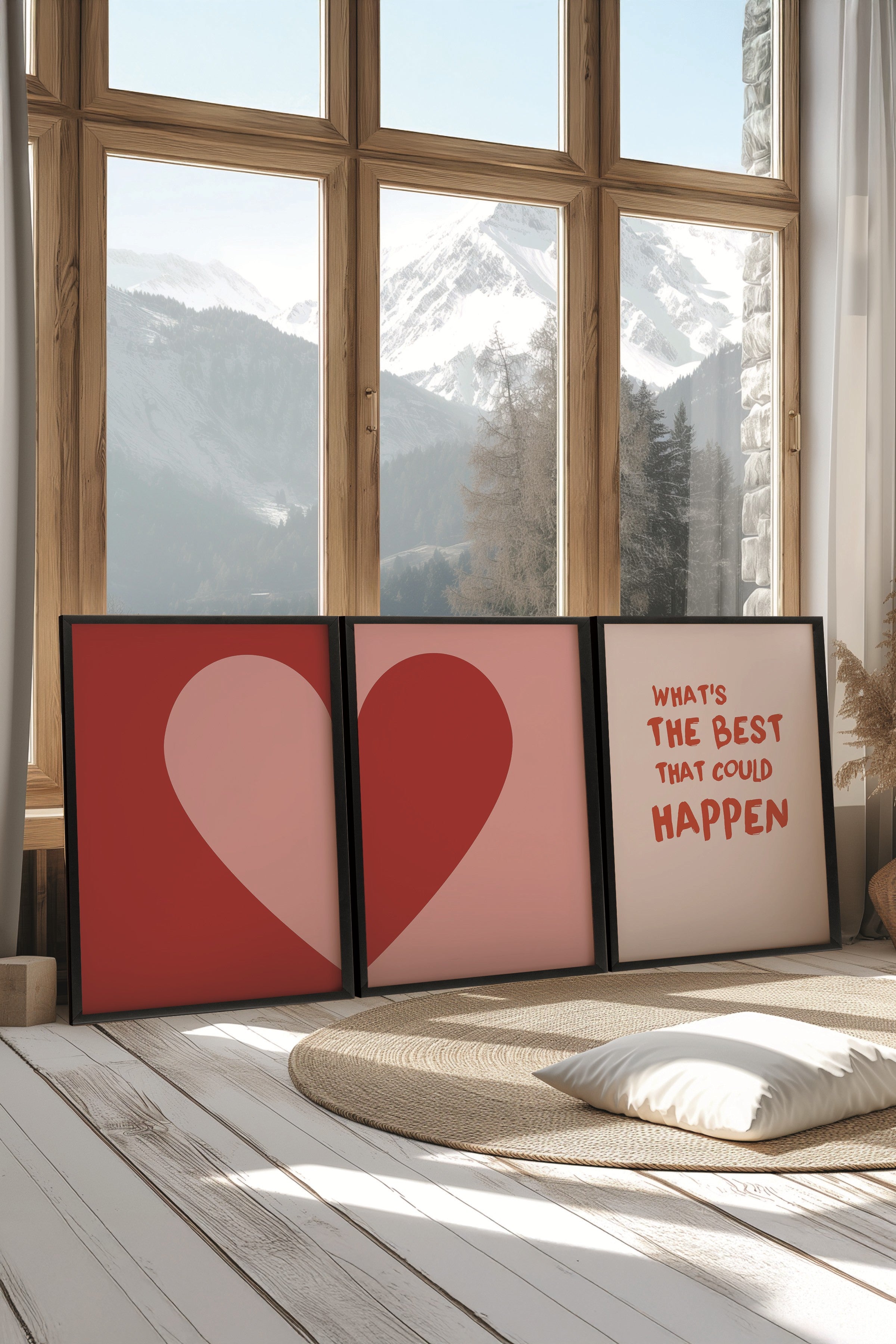 Siyah Tablo Seti, 3 Adet Siyah Çerçeveli Poster What's the Best Model No:300896, Kırmızı ve Pembe