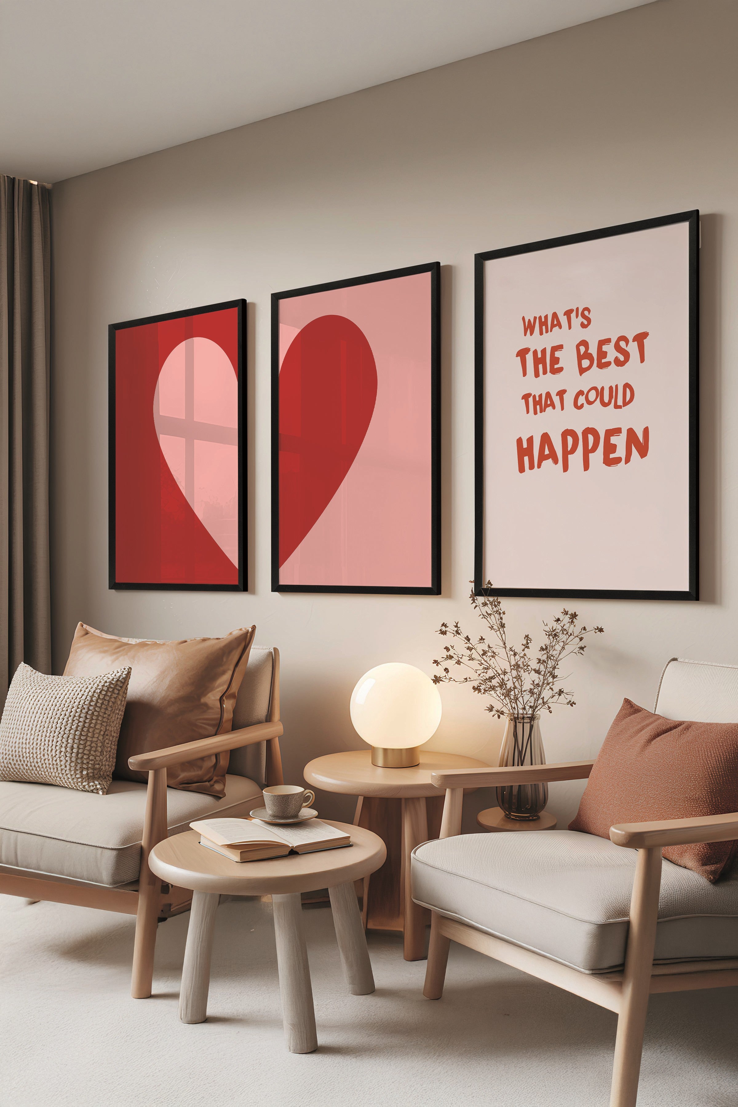 Siyah Tablo Seti, 3 Adet Siyah Çerçeveli Poster What's the Best Model No:300896, Kırmızı ve Pembe