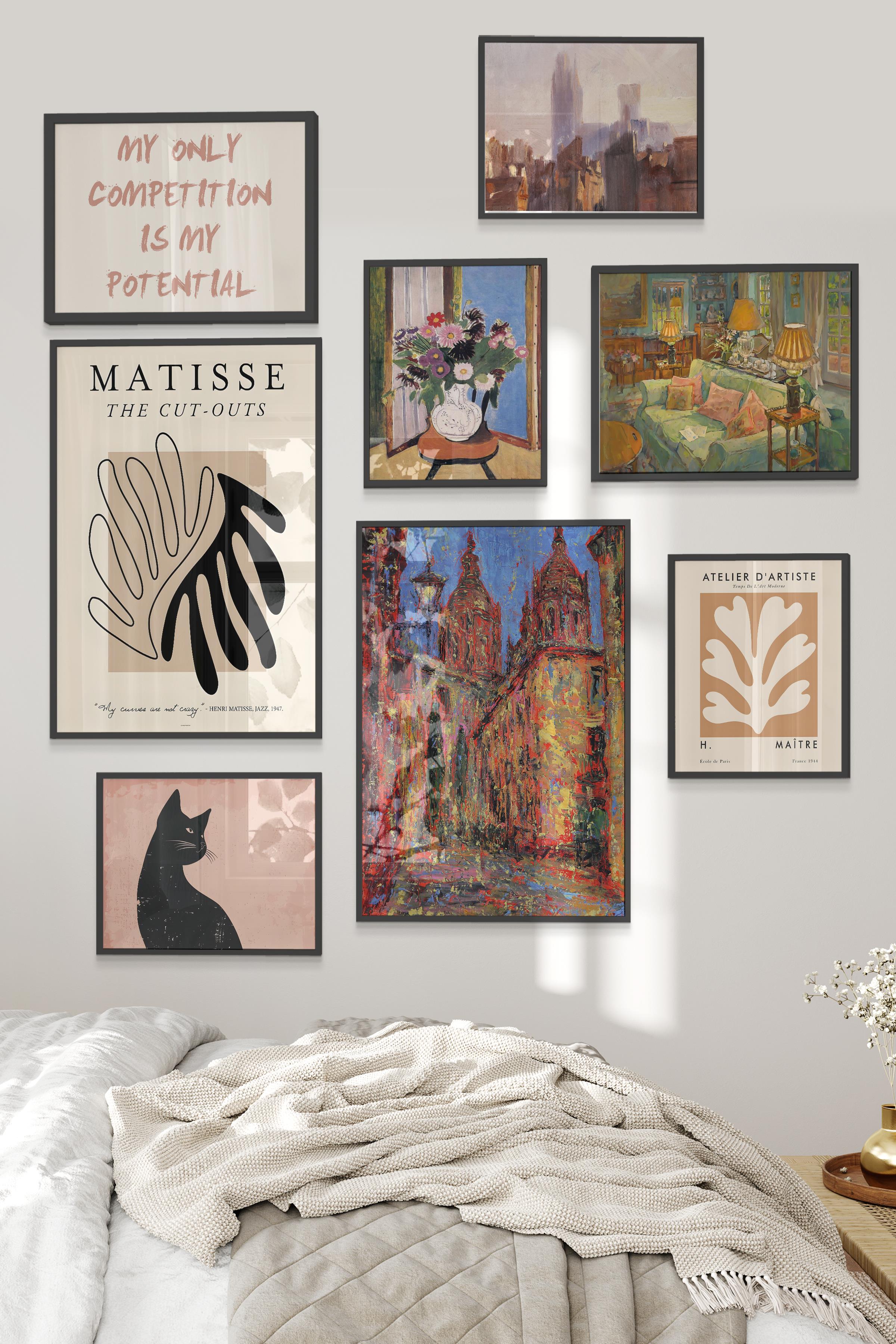 Siyah Tablo Seti, 8 Adet Çerçeve Seti,Maximalist Vintage Temalı Galeri Poster Seti NO:044