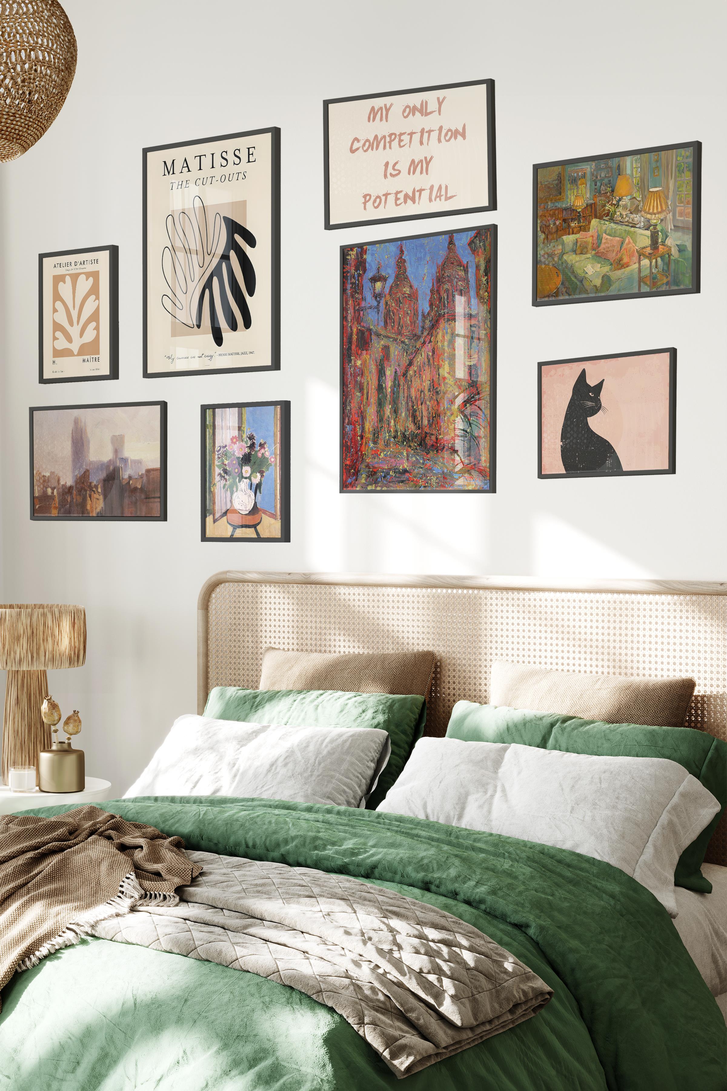 Siyah Tablo Seti, 8 Adet Çerçeve Seti,Maximalist Vintage Temalı Galeri Poster Seti NO:044
