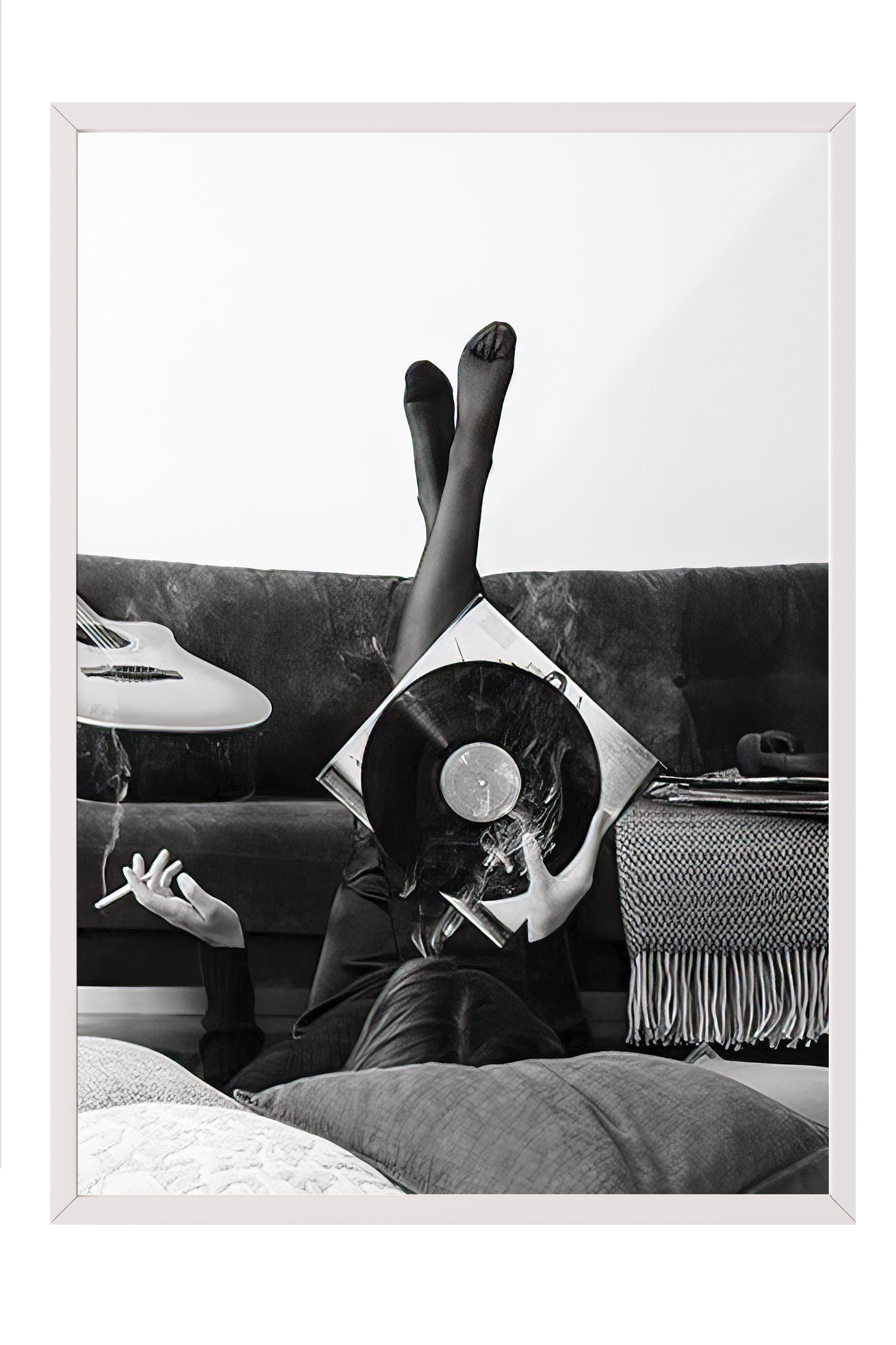 Smoky Vinyl Record Çerçeveli Tablo, Beyaz Çerçeve ve Poster, Duvar Tablosu Comfort Serisi NO:108395