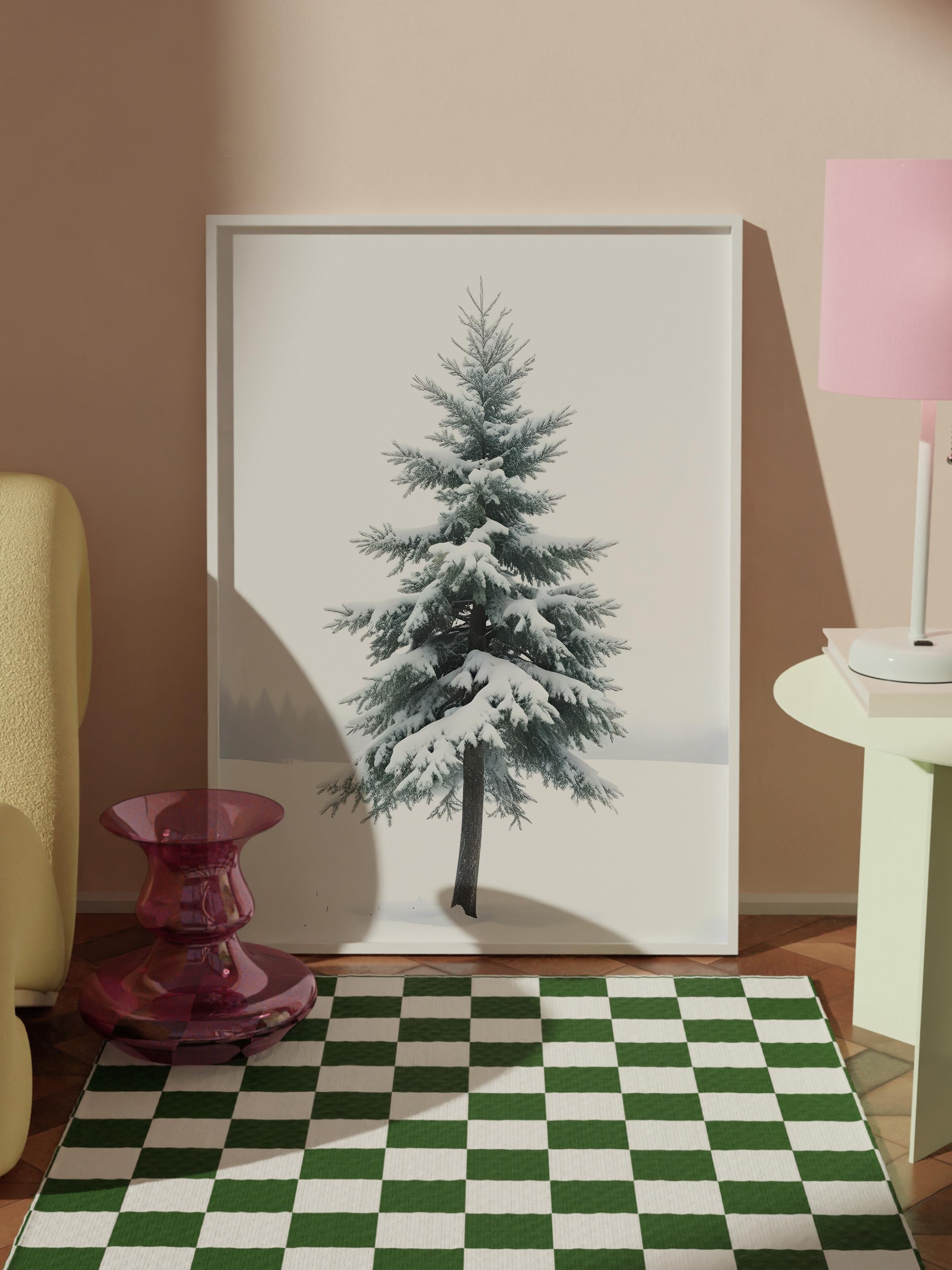 Snowy Spruce Yılbaşı Tablo, Beyaz Çerçeve ve Poster, Dikey Duvar Tablosu Comfort Serisi NO:108474