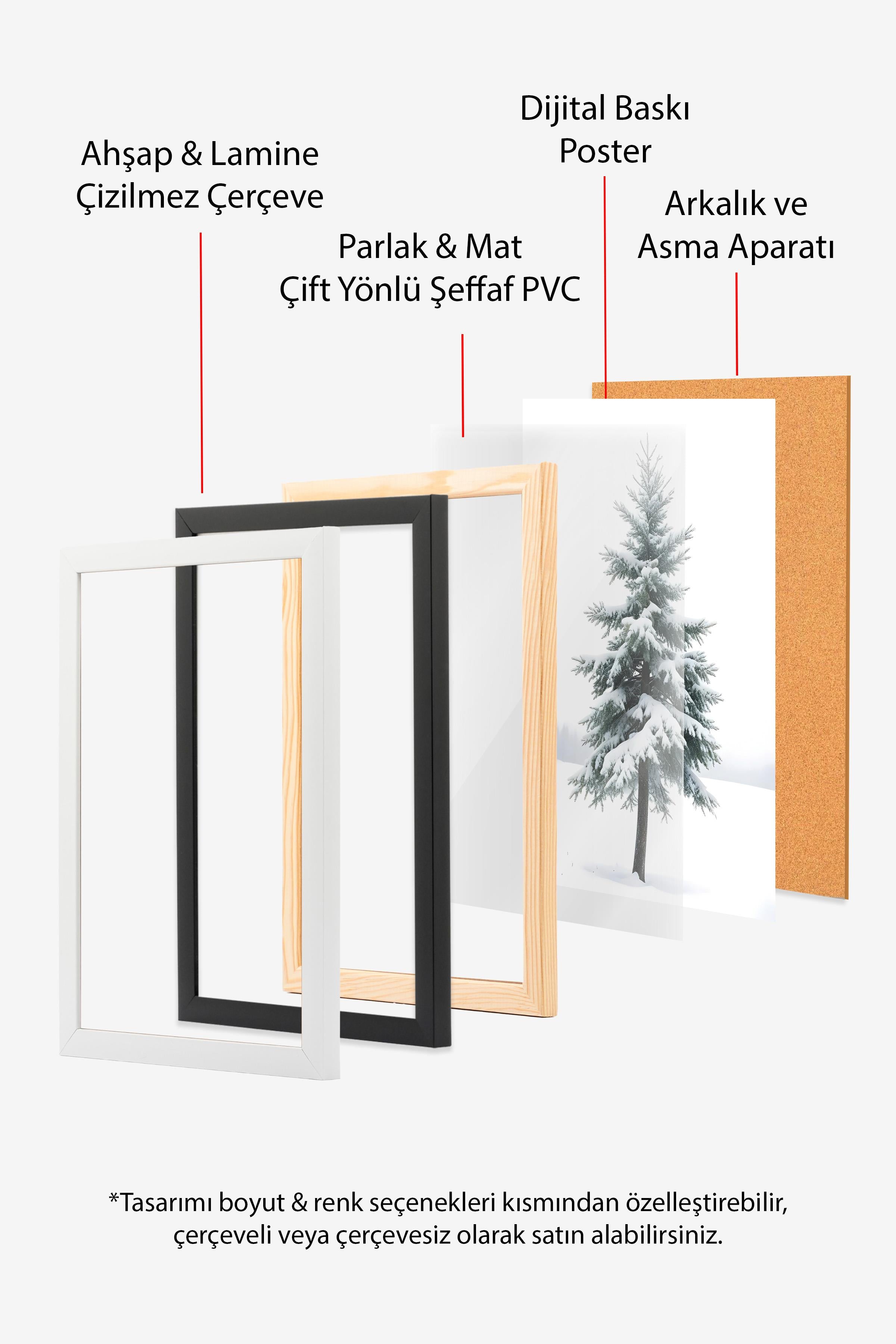 Snowy Spruce Yılbaşı Tablo, Beyaz Çerçeve ve Poster, Dikey Duvar Tablosu Comfort Serisi NO:108474