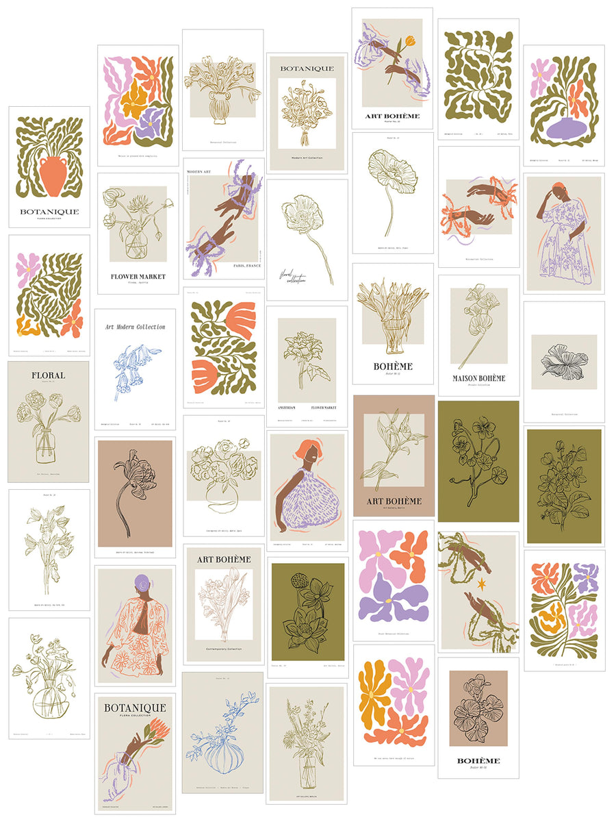 Soft Botanical Poster Seti - Vintage Kolaj Poster Seti - 40 Adet Vintage Poster - Yapışkan Hediyeli - Kutulu