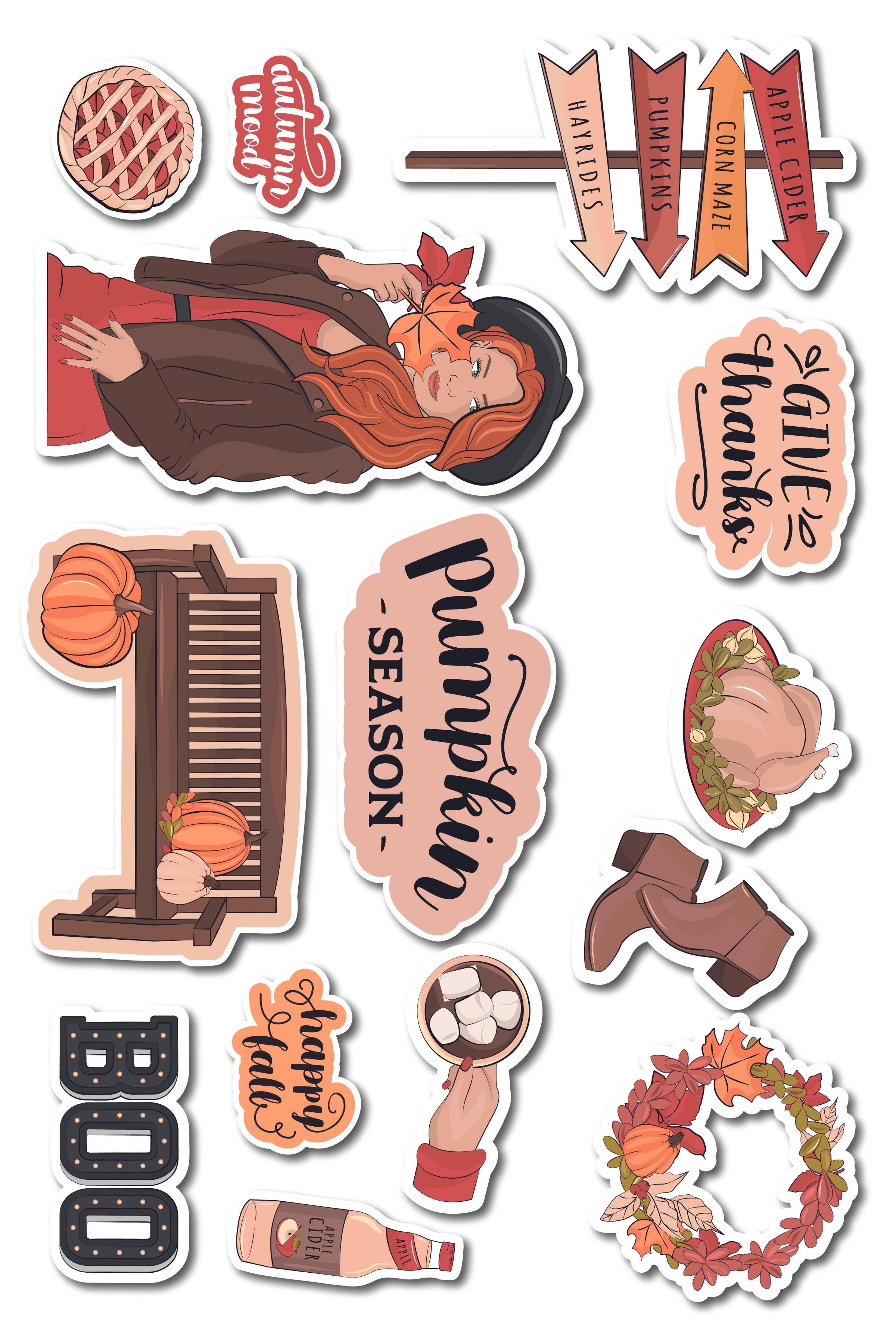 Sonbahar - Pumpkin Temalı Sticker ve Etiket Seti - Orta Boy - Su Geçirmez, Kalın Yapışkanlı Sticker