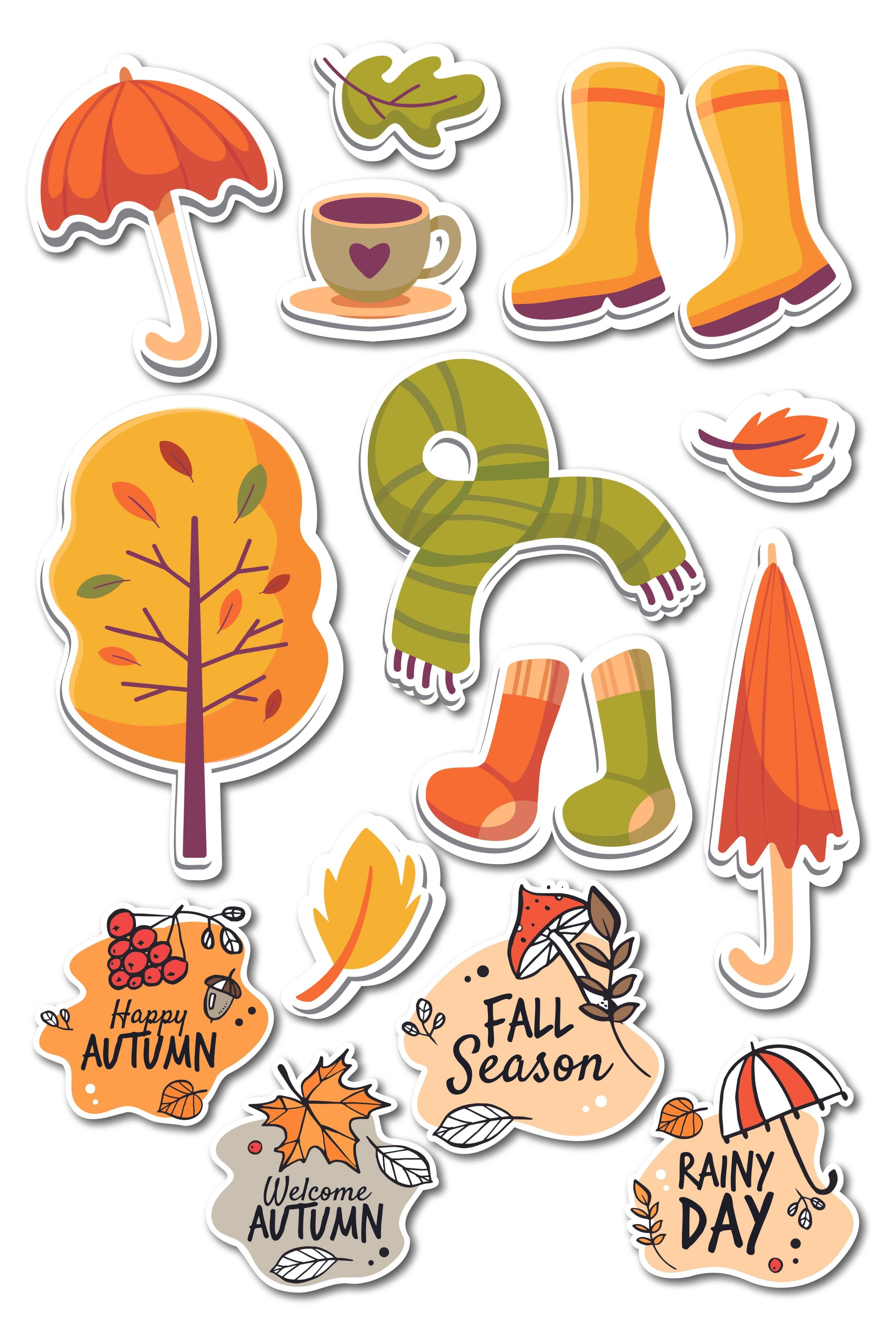 Sonbahar Temalı Sticker ve Etiket Seti - Orta Boy - Su Geçirmez, Kalın Yapışkanlı Sticker Seti