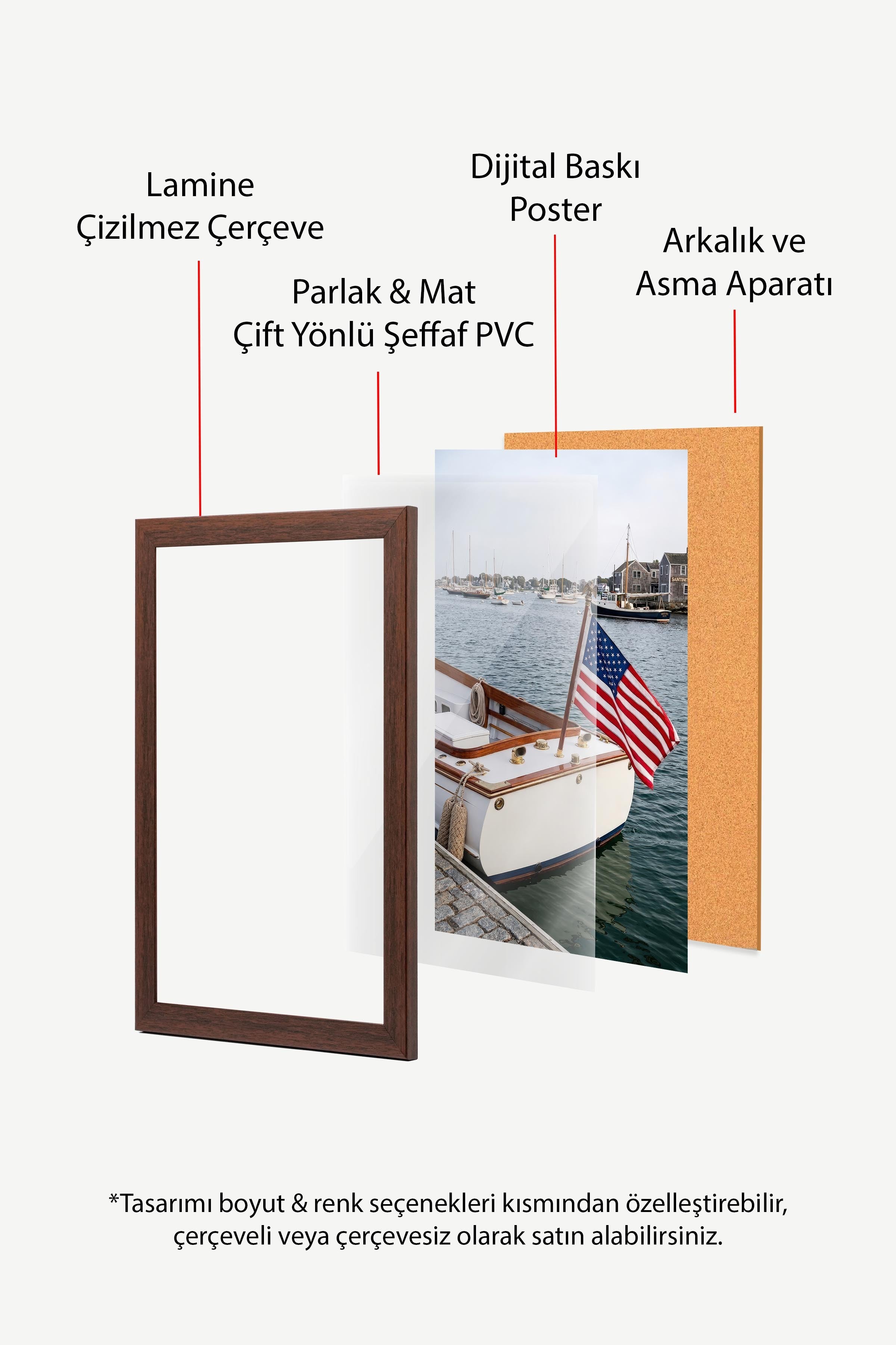 Tekne ve Bayrak Posteri, Kahverengi Çerçeveli Poster, Old Money Serisi, NO:113170