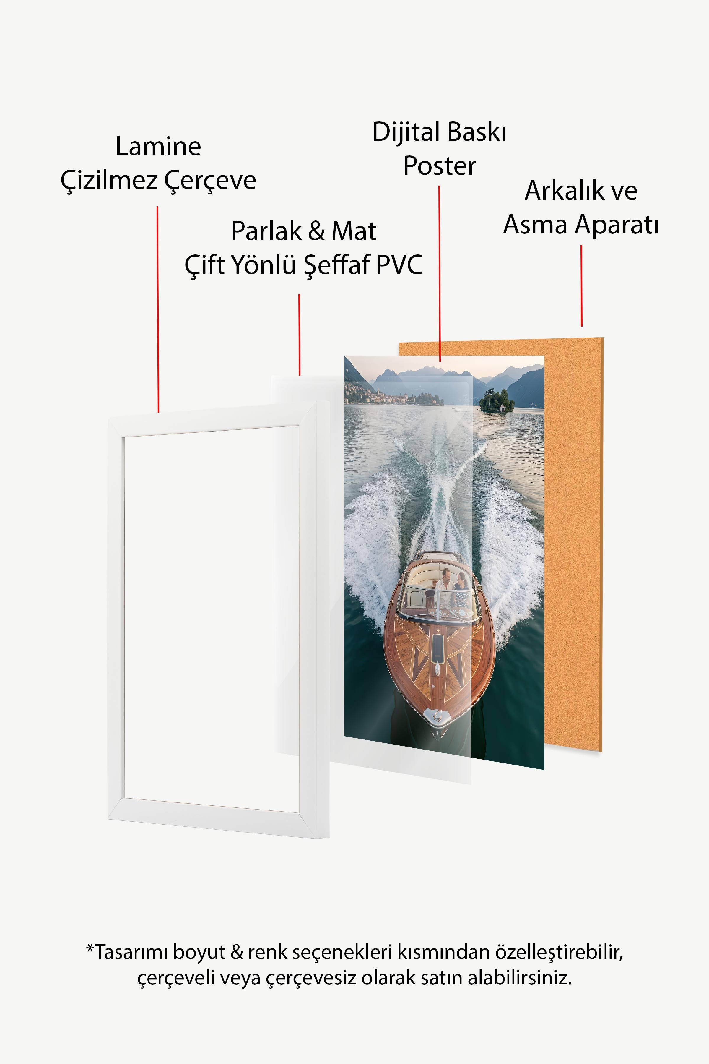Tekne ve Dağ Manzarası Posteri, Beyaz Çerçeveli Poster, Old Money Serisi, NO:113192