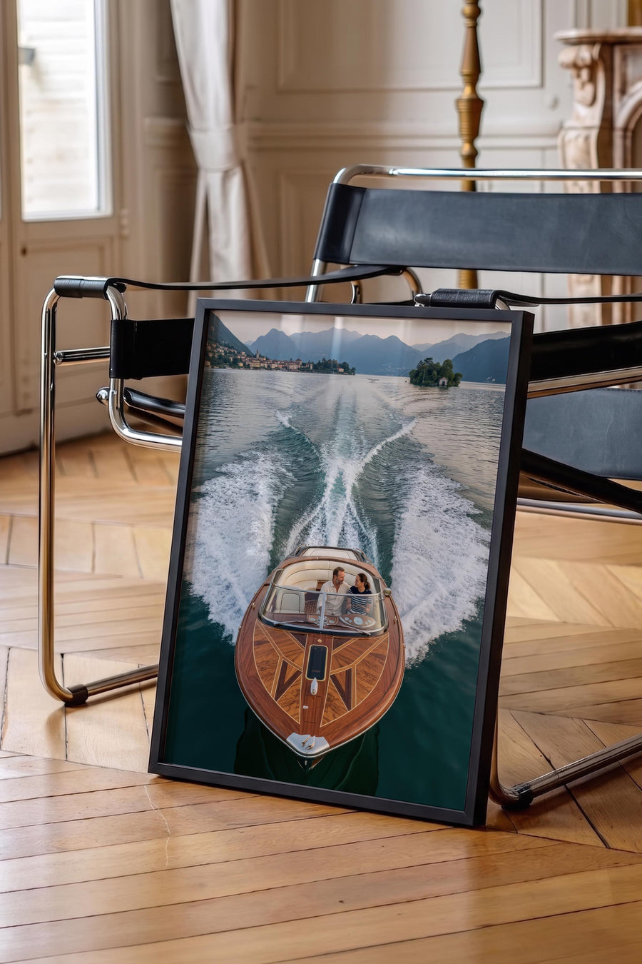 Tekne ve Dağ Manzarası Old Money Poster – Siyah Çerçeveli Tablo