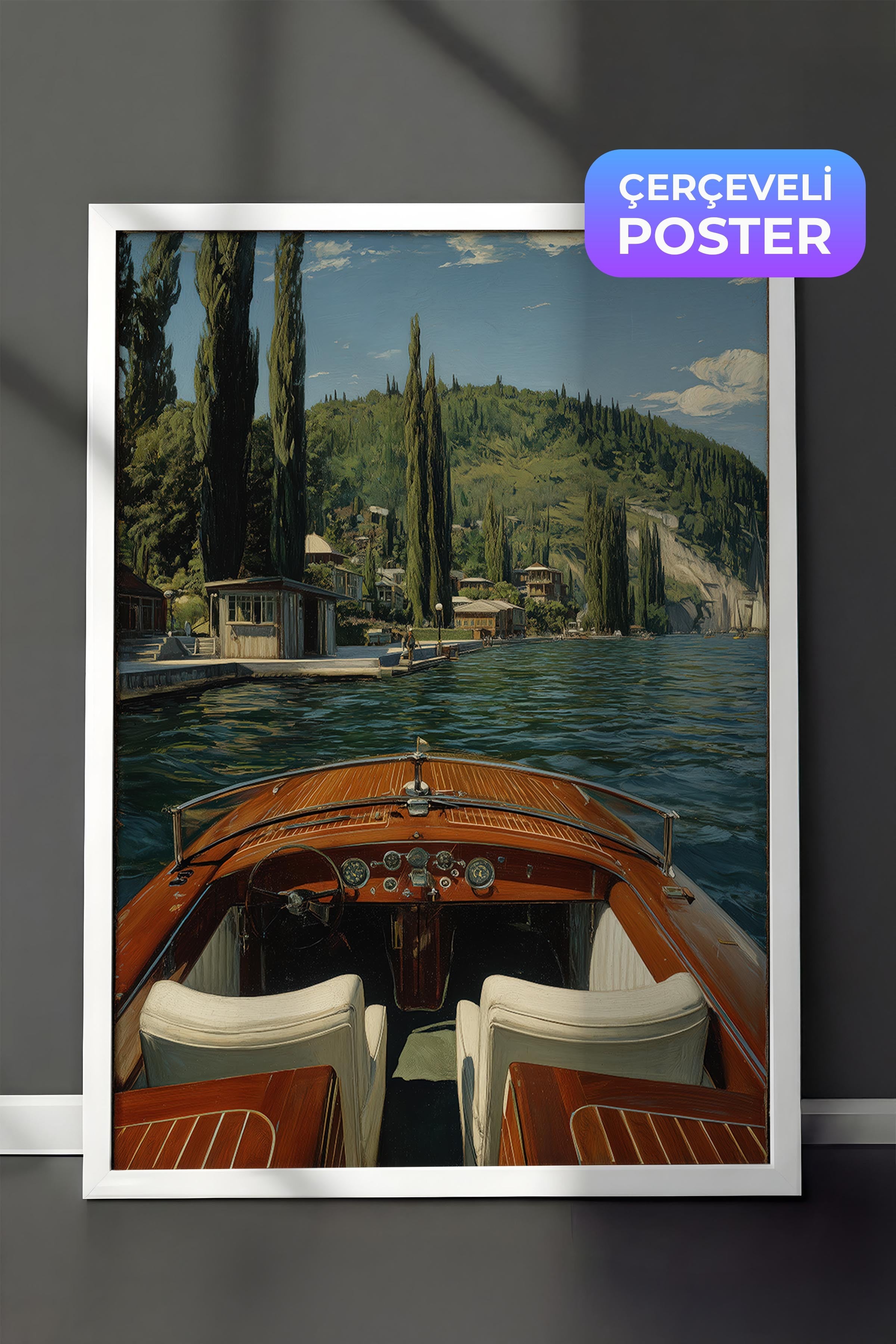 Tekne ve Göl Manzarası Posteri, Beyaz Çerçeveli Poster, Old Money Serisi, NO:113248