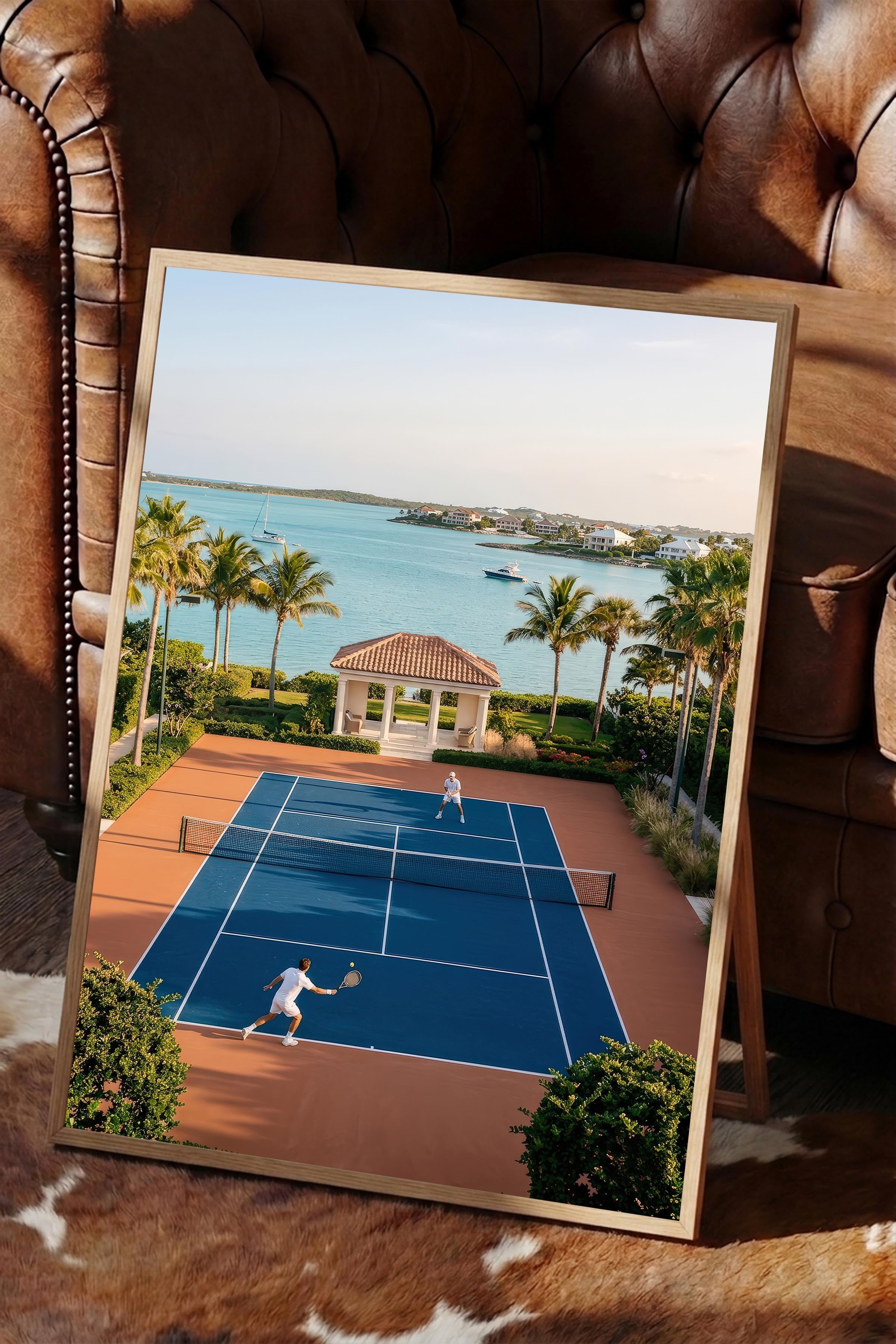 Tenis Kortu ve Deniz Manzarası Posteri, Ahşap Çerçeveli Poster, Old Money Serisi, NO:113189