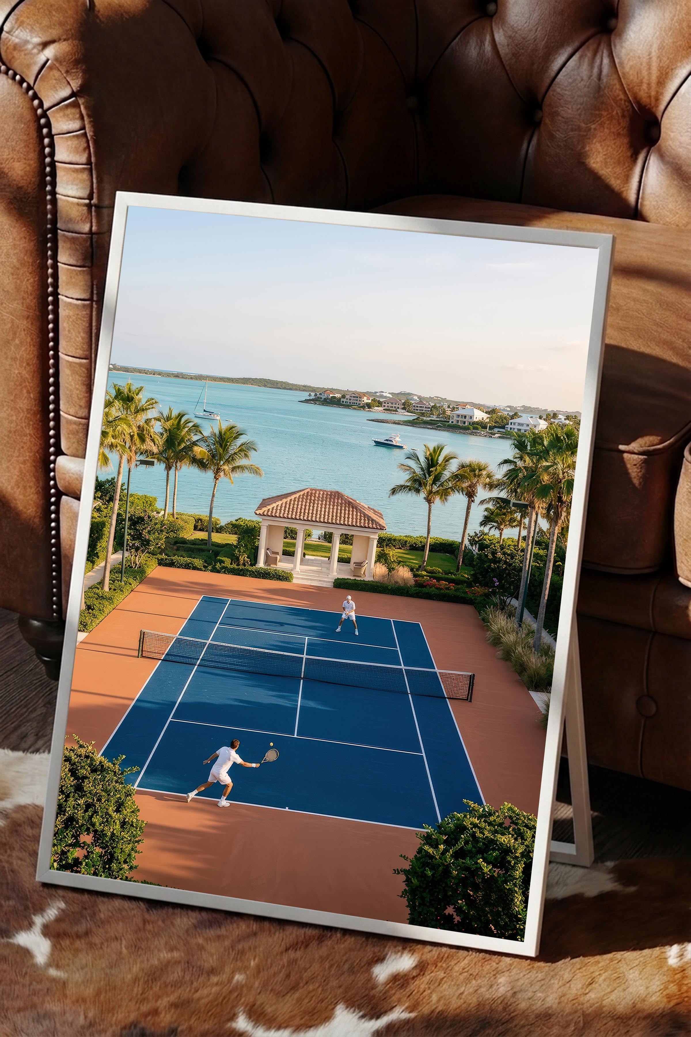 Tenis Kortu ve Deniz Manzarası Posteri, Beyaz Çerçeveli Poster, Old Money Serisi, NO:113189