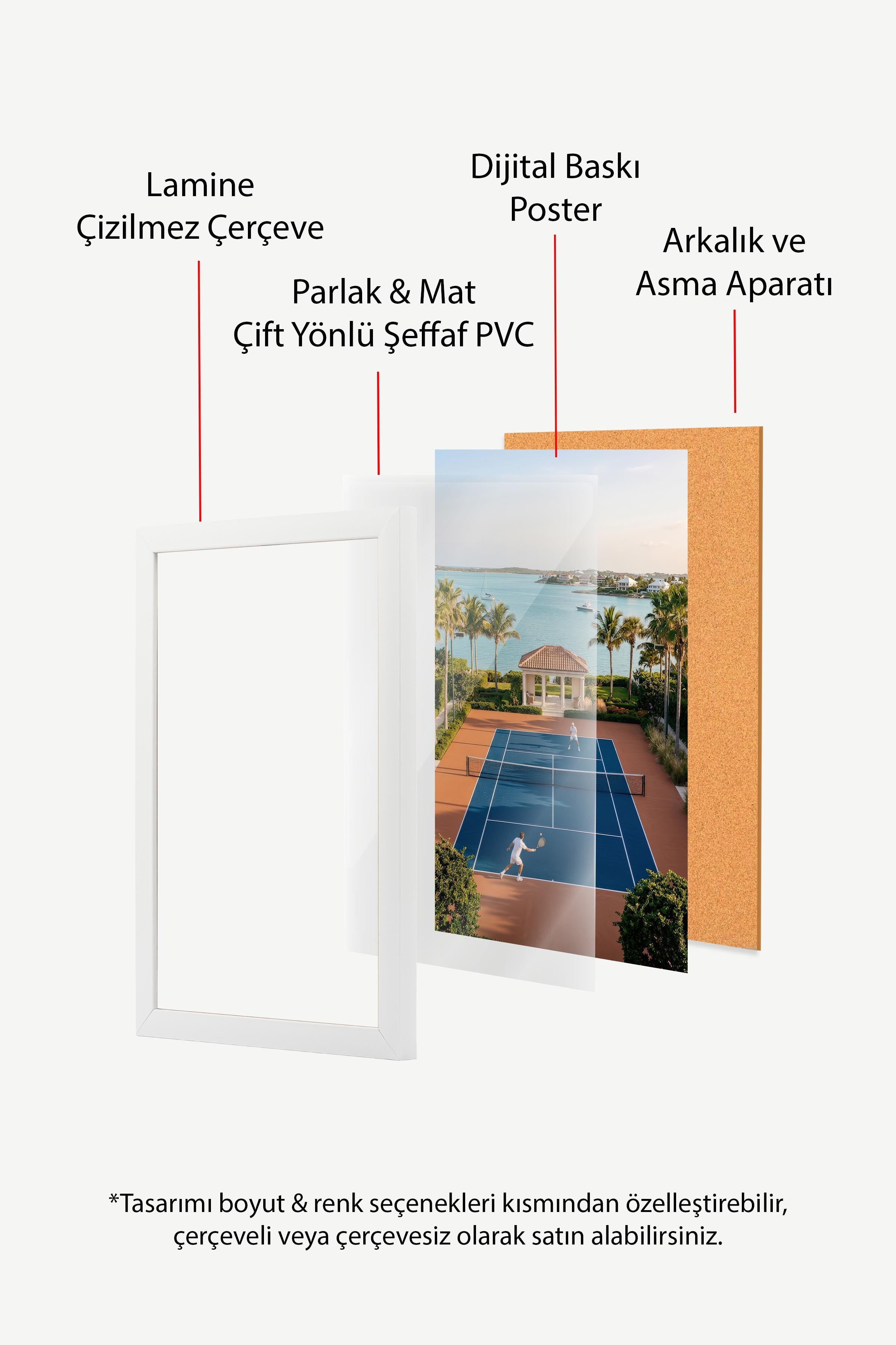 Tenis Kortu ve Deniz Manzarası Posteri, Beyaz Çerçeveli Poster, Old Money Serisi, NO:113189
