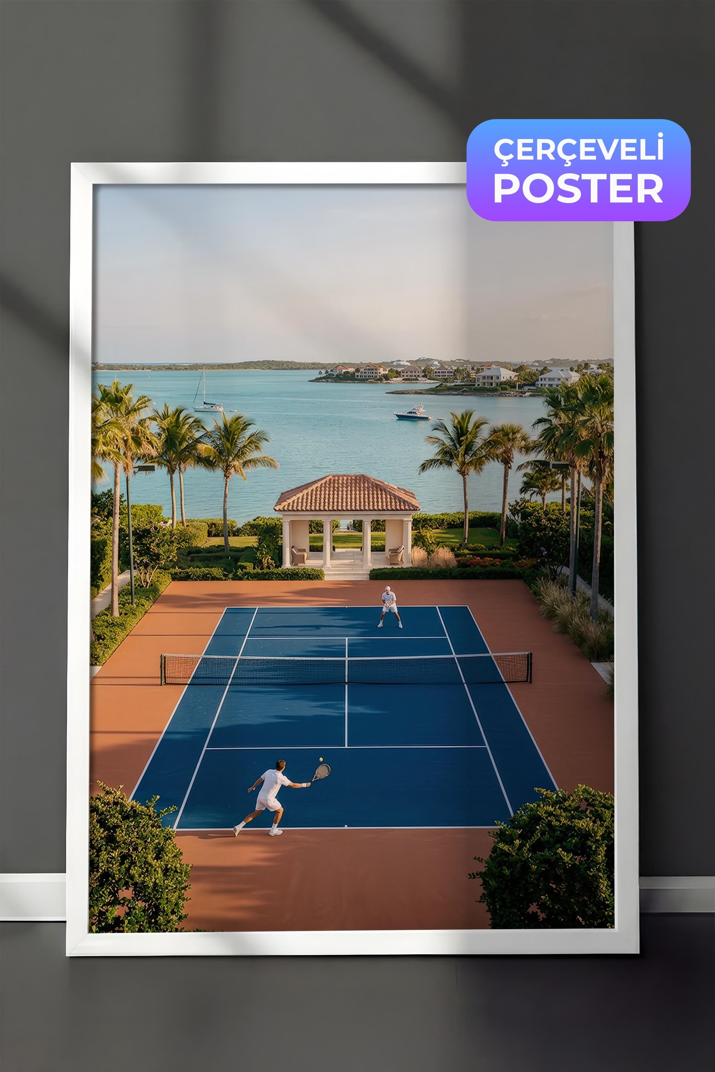Tenis Kortu ve Deniz Manzarası Posteri, Beyaz Çerçeveli Poster, Old Money Serisi, NO:113189