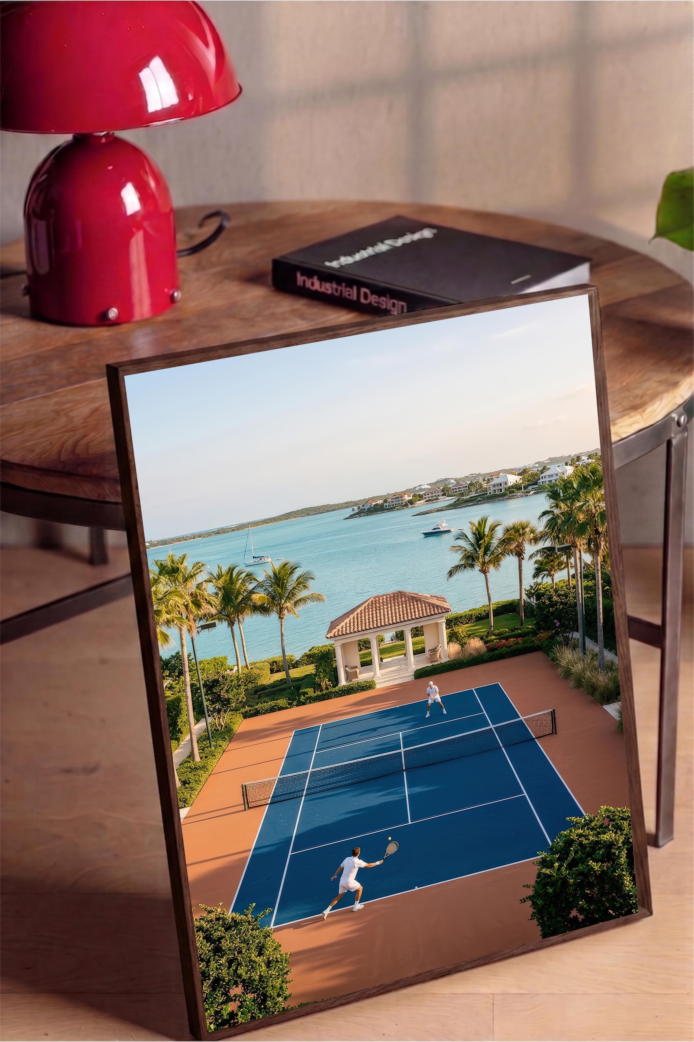 Tenis Kortu ve Deniz Manzarası Posteri, Kahverengi Çerçeveli Poster, Old Money Serisi, NO:113189