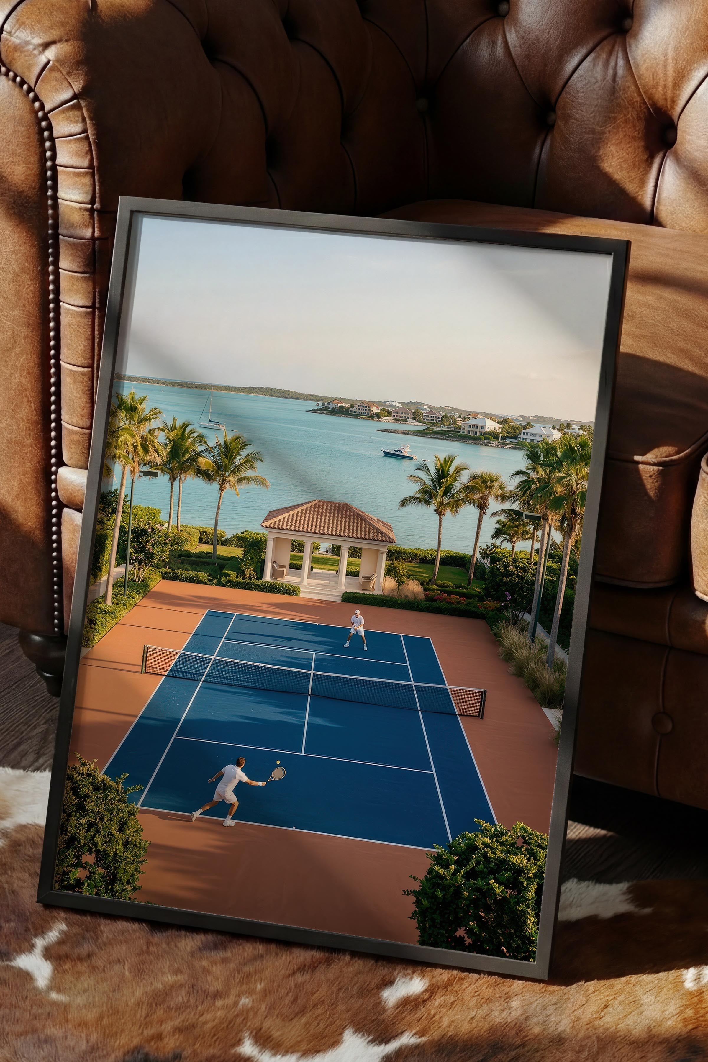 Tenis Kortu ve Deniz Manzarası Posteri, Siyah Çerçeveli Poster, Old Money Serisi, NO:113189