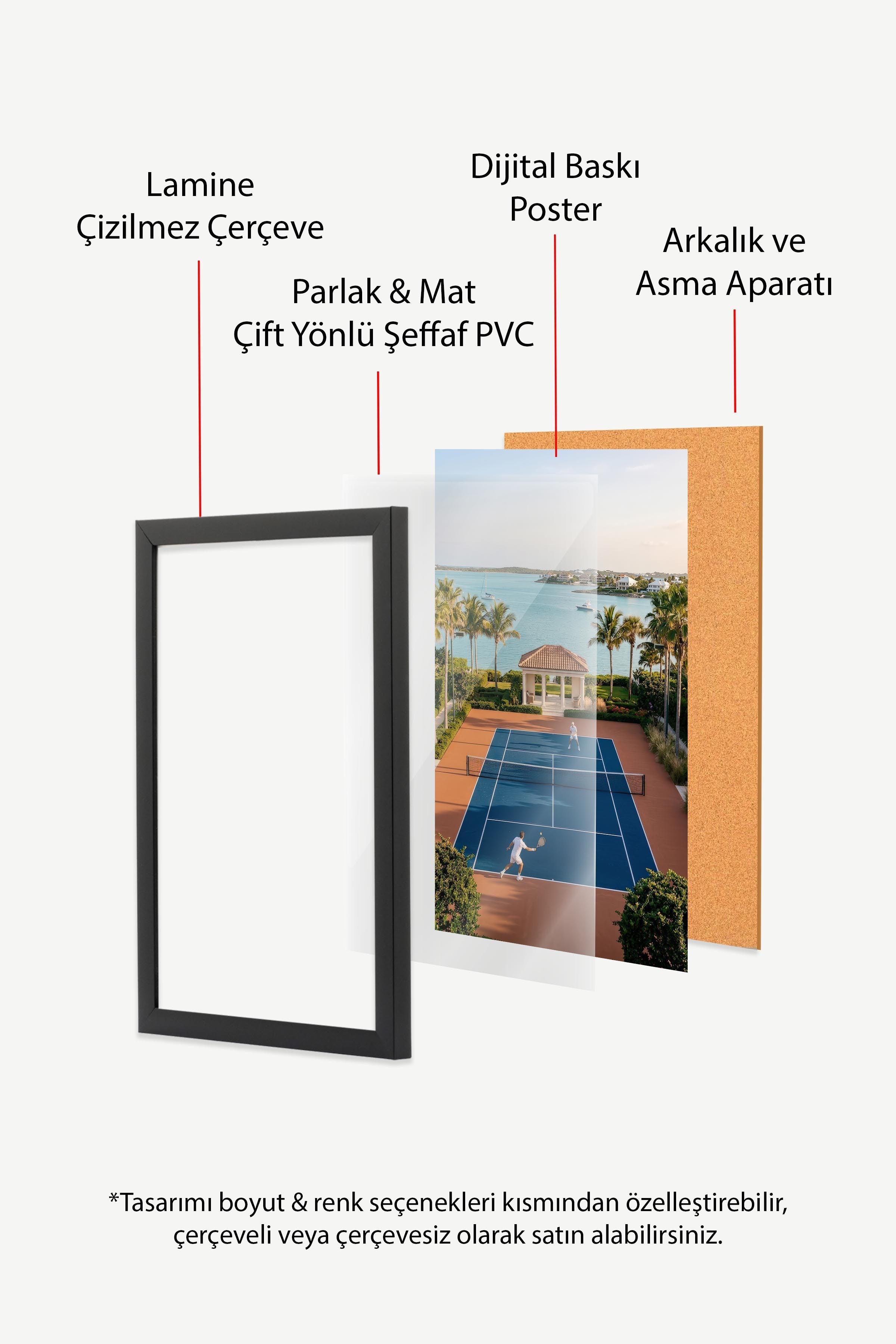 Tenis Kortu ve Deniz Manzarası Posteri, Siyah Çerçeveli Poster, Old Money Serisi, NO:113189