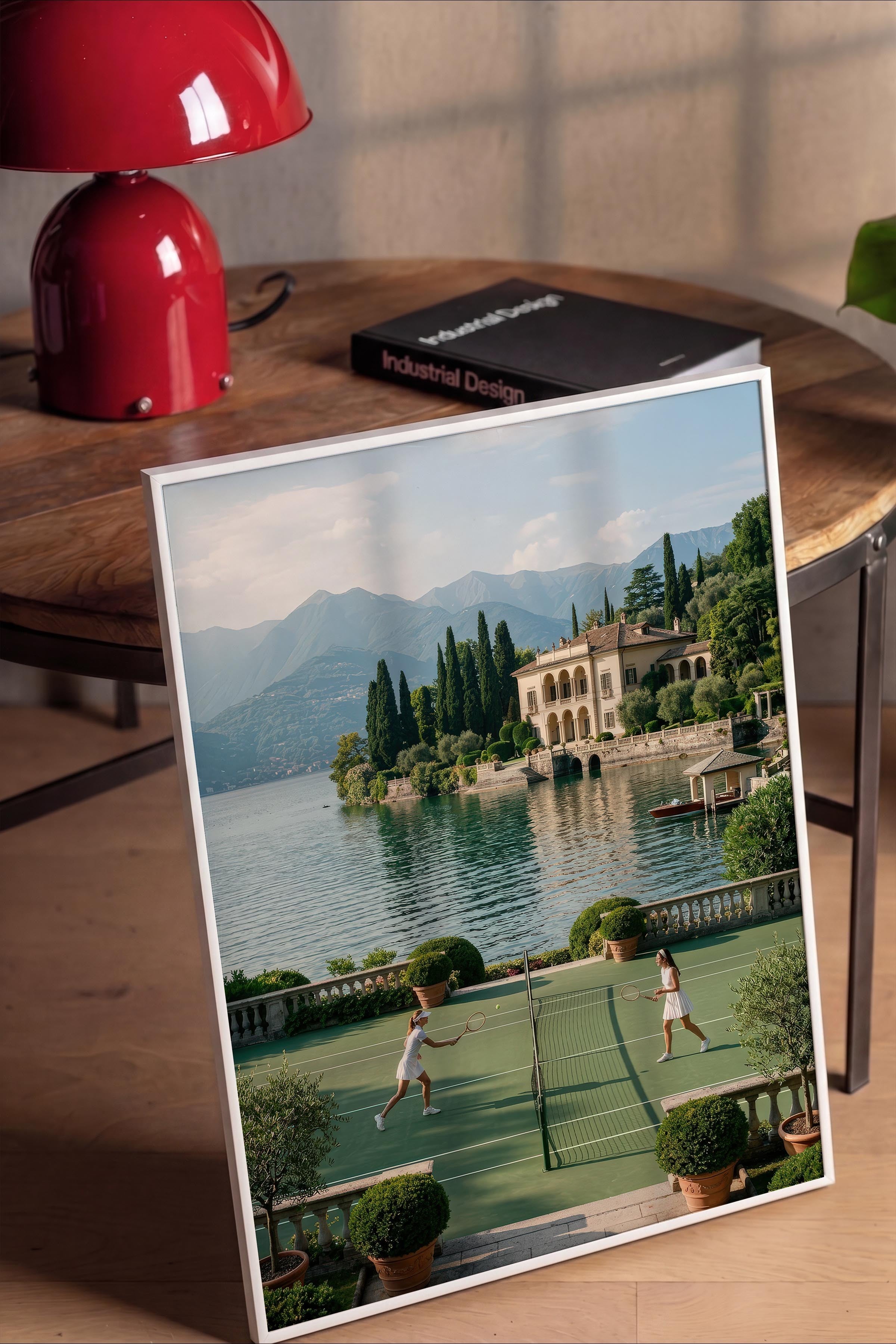 Tenis Kortu ve Göl Manzarası Posteri, Beyaz Çerçeveli Poster, Old Money Serisi, NO:113166
