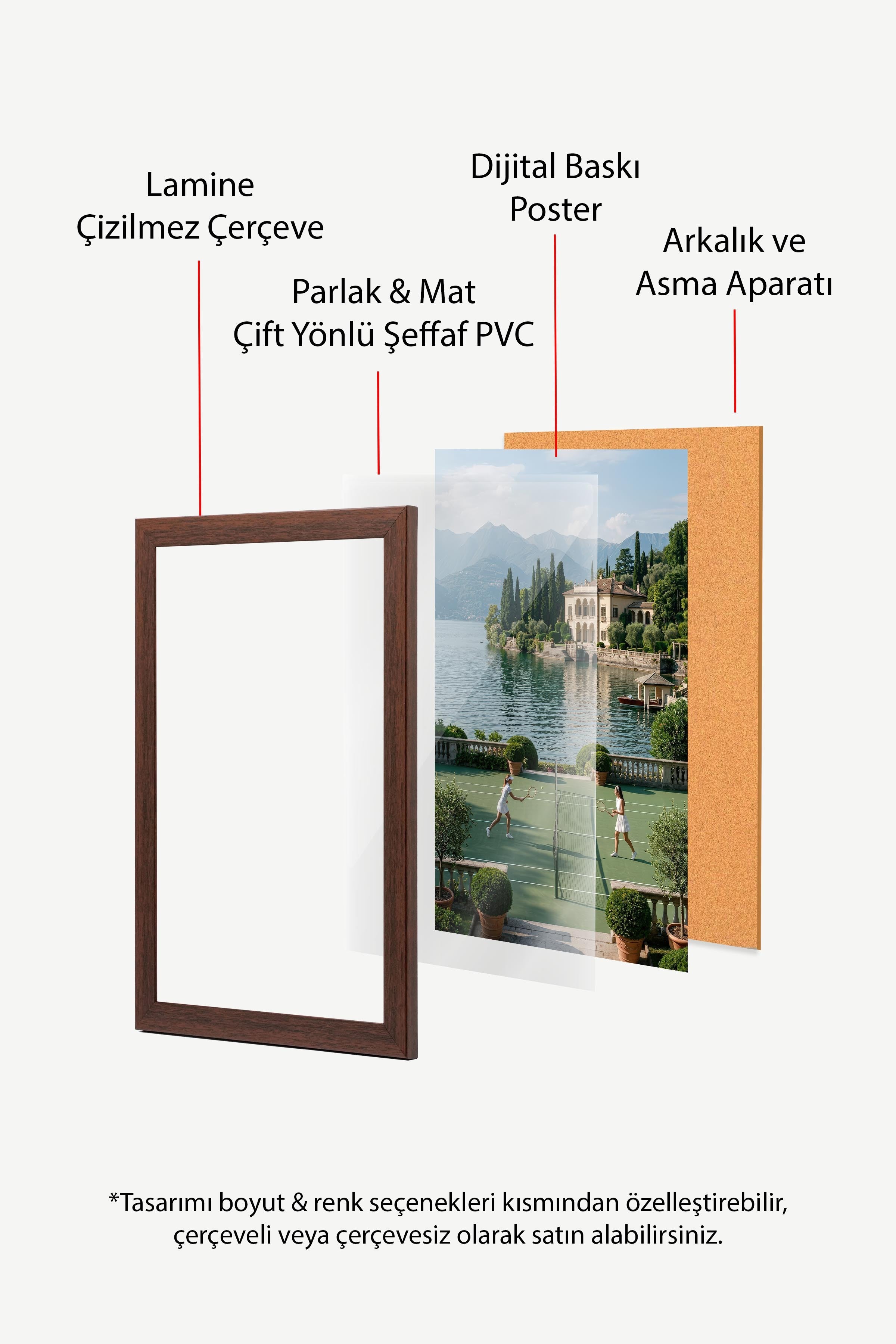 Tenis Kortu ve Göl Manzarası Posteri, Kahverengi Çerçeveli Poster, Old Money Serisi, NO:113166