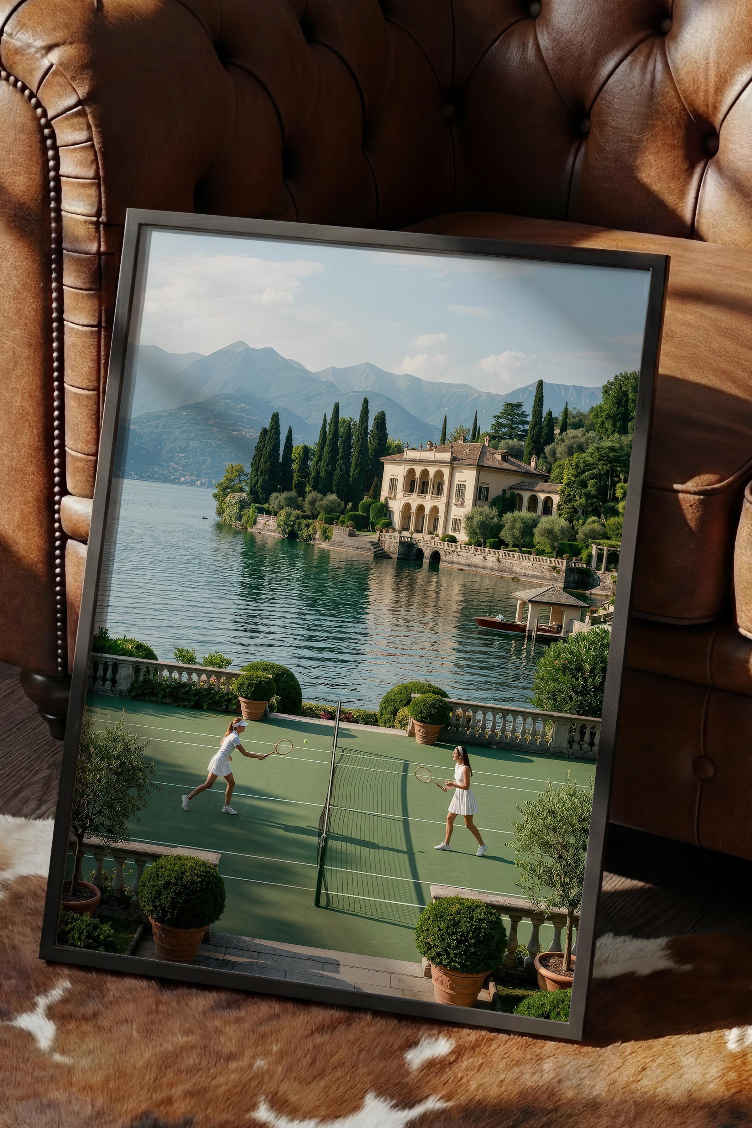 Tenis Kortu ve Göl Manzarası Posteri, Siyah Çerçeveli Poster, Old Money Serisi, NO:113166