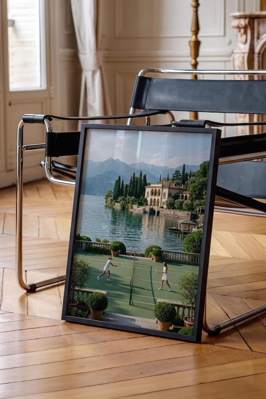 Tenis Kortu ve Göl Manzarası Old Money Poster – Siyah Çerçeveli Tablo