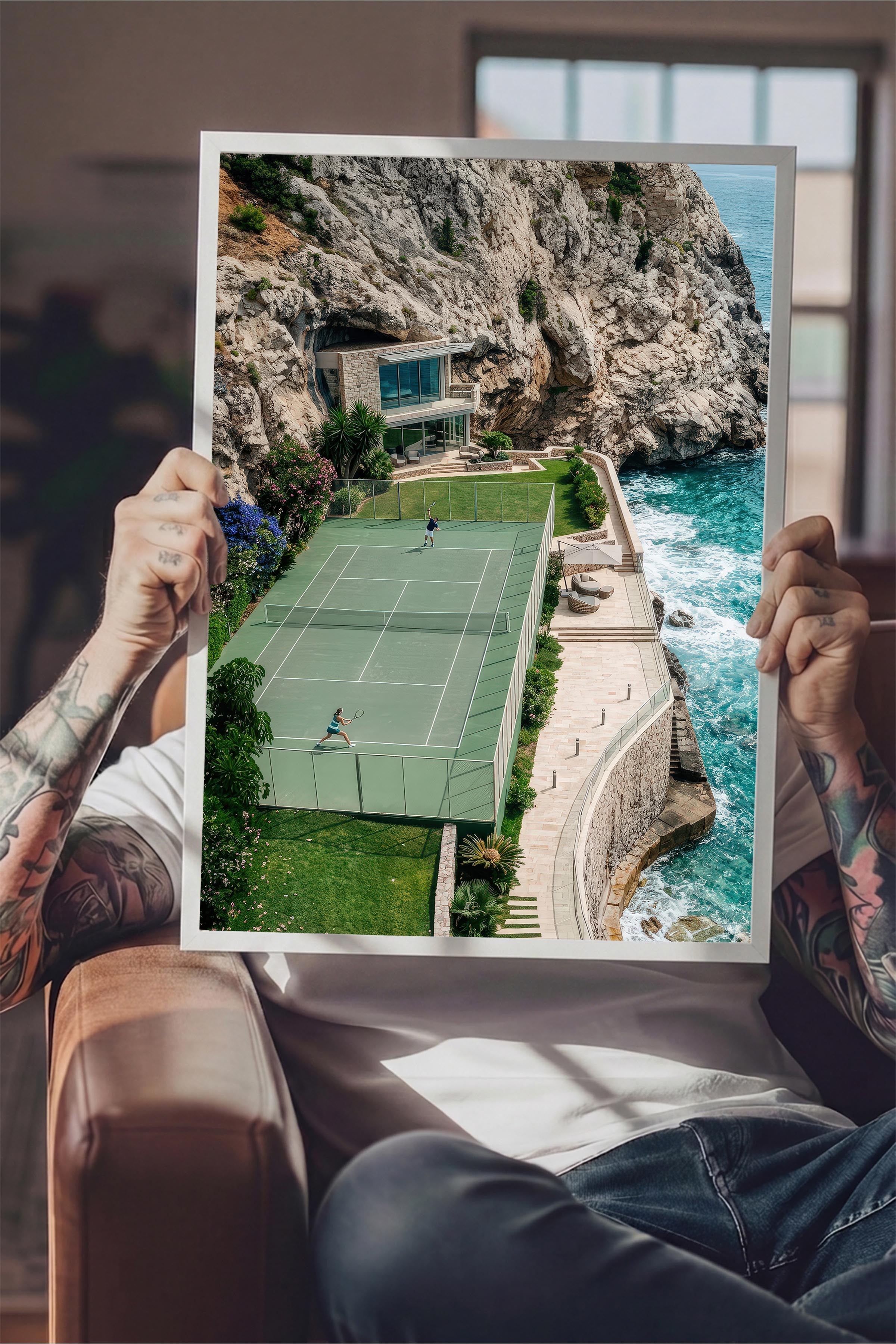 Tenis Kortu ve Manzara Posteri, Beyaz Çerçeveli Poster, Old Money Serisi, NO:113210