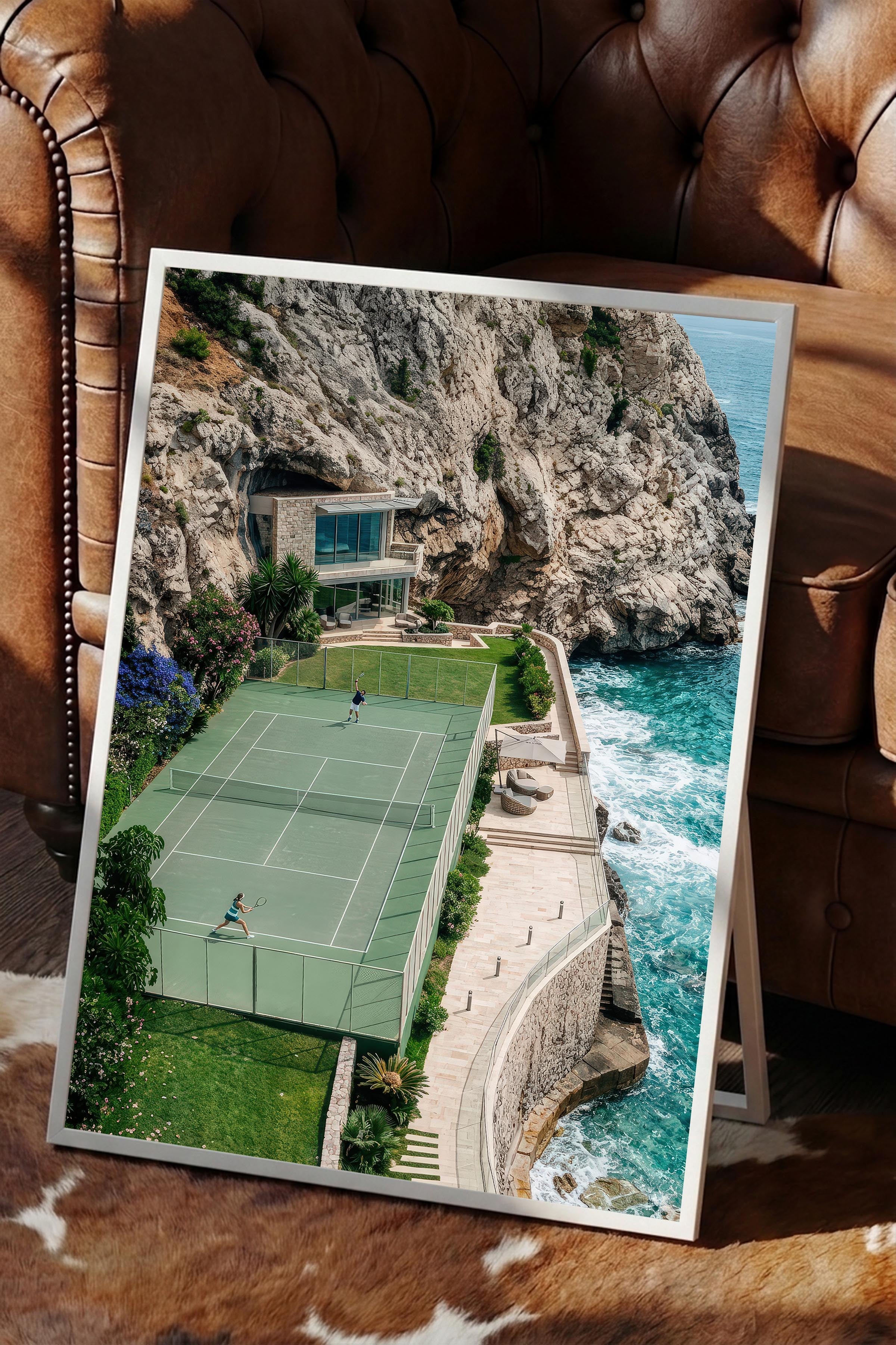 Tenis Kortu ve Manzara Posteri, Beyaz Çerçeveli Poster, Old Money Serisi, NO:113210