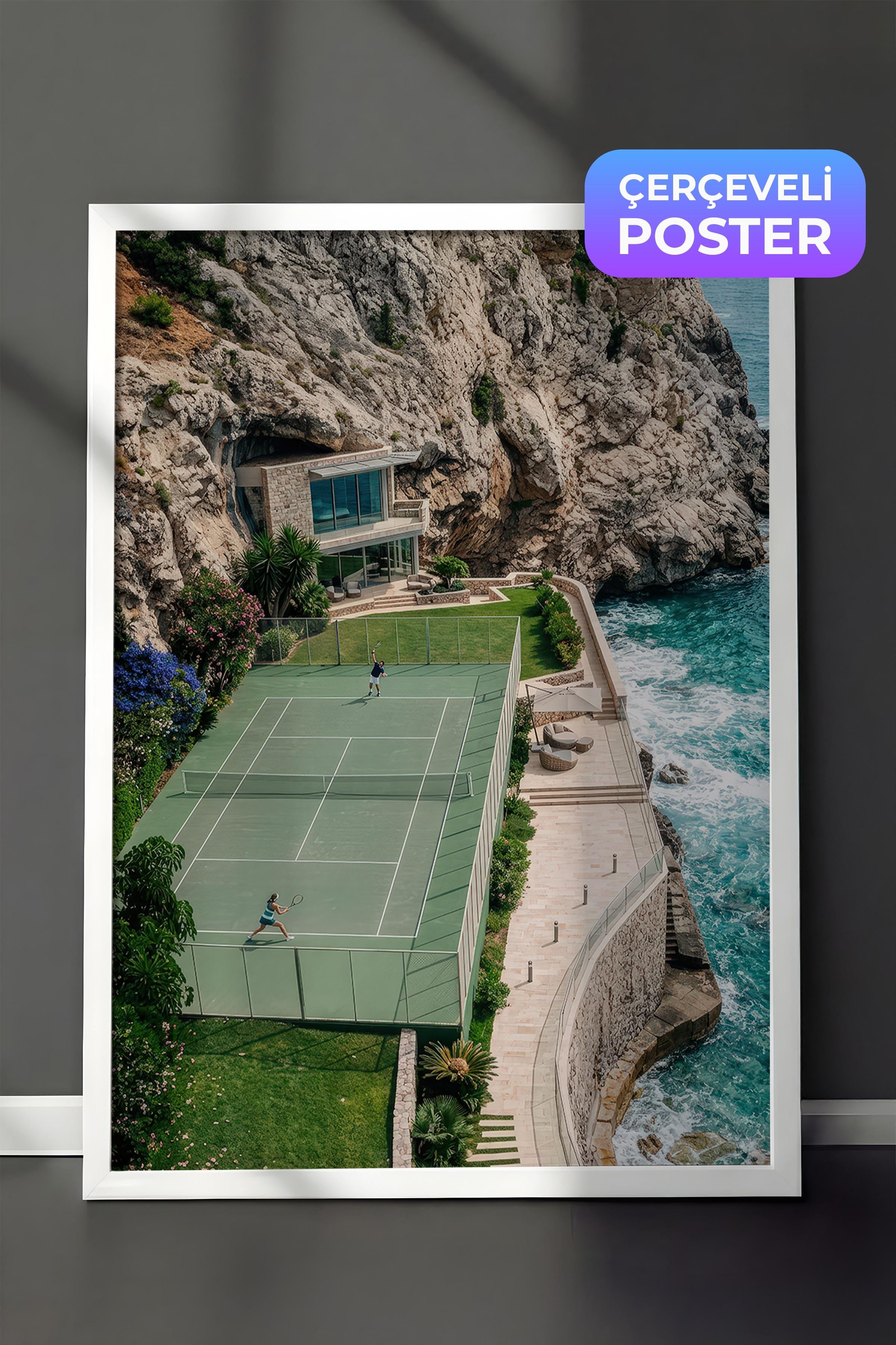 Tenis Kortu ve Manzara Posteri, Beyaz Çerçeveli Poster, Old Money Serisi, NO:113210