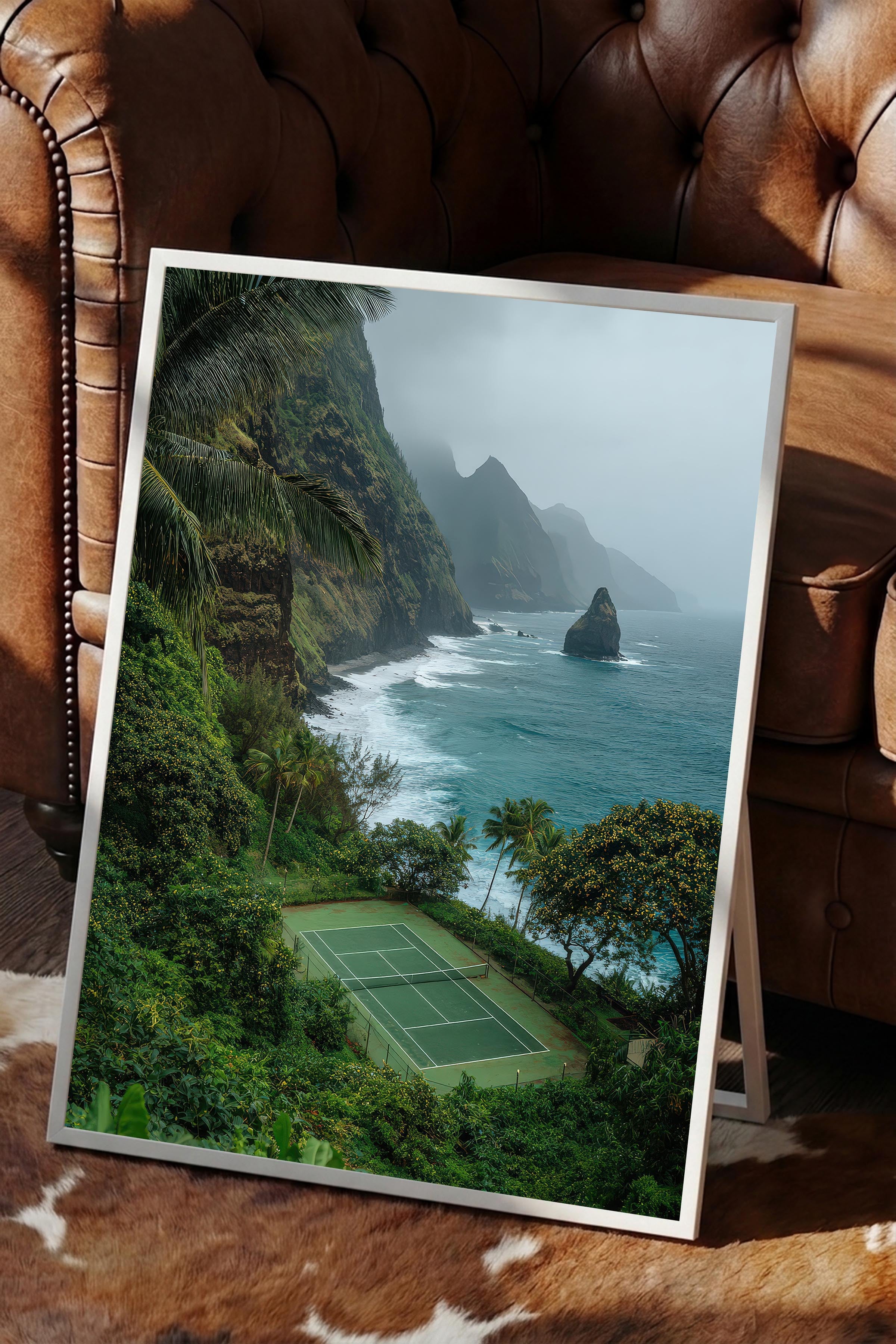 Tenis Kortu ve Manzara Posteri, Beyaz Çerçeveli Poster, Old Money Serisi, NO:113235