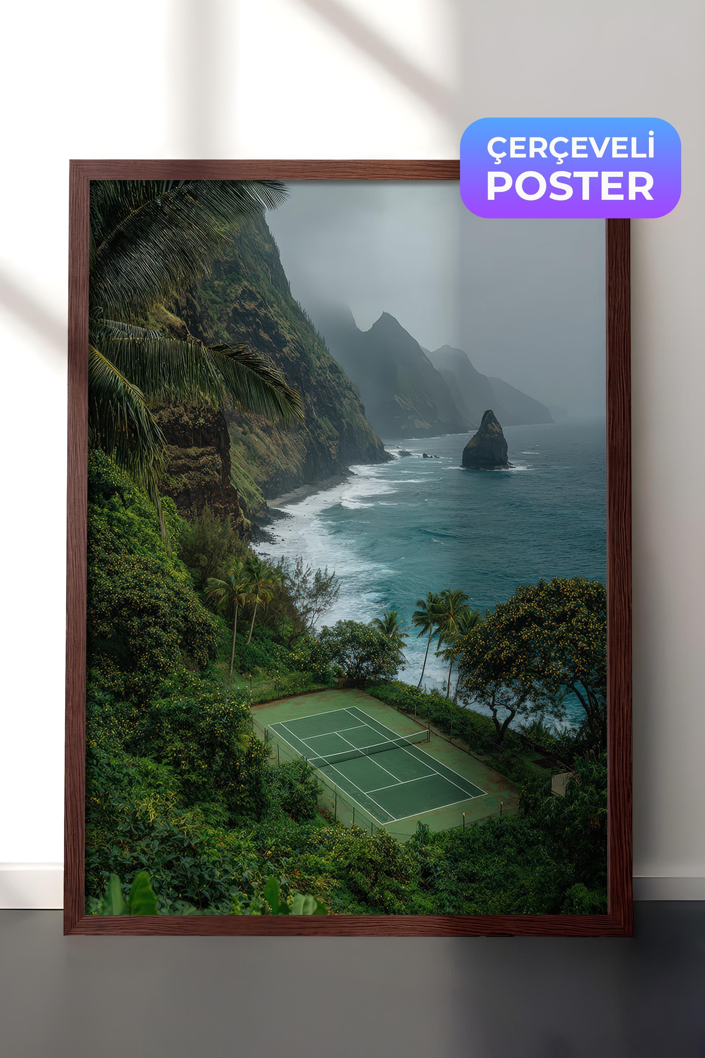 Tenis Kortu ve Manzara Posteri, Kahverengi Çerçeveli Poster, Old Money Serisi, NO:113235