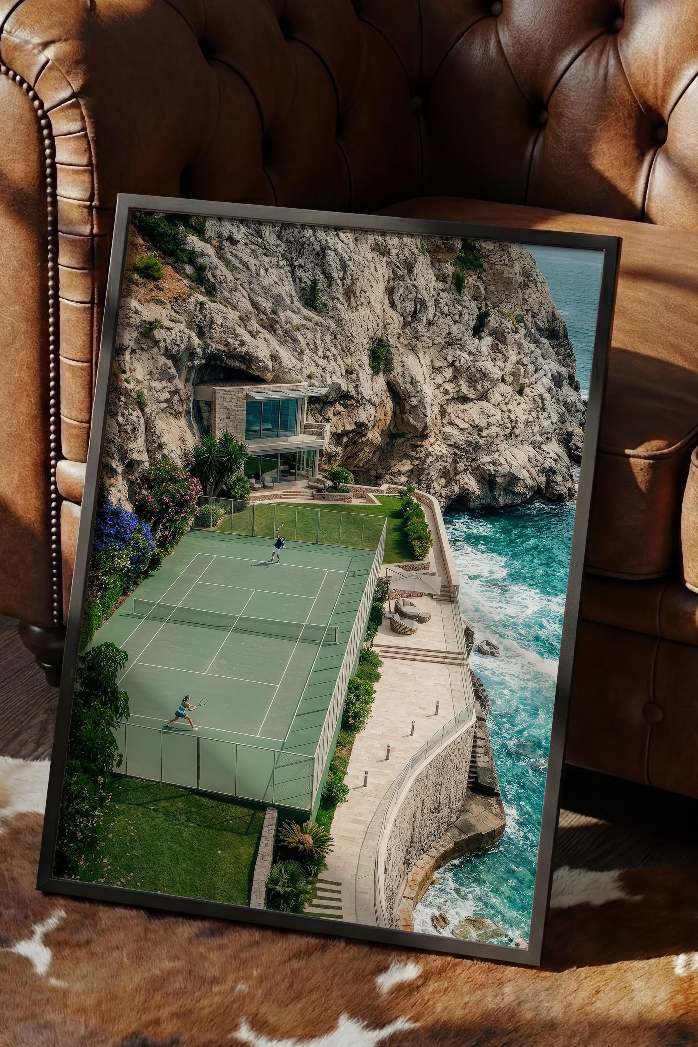 Tenis Kortu ve Manzara Posteri, Siyah Çerçeveli Poster, Old Money Serisi, NO:113210