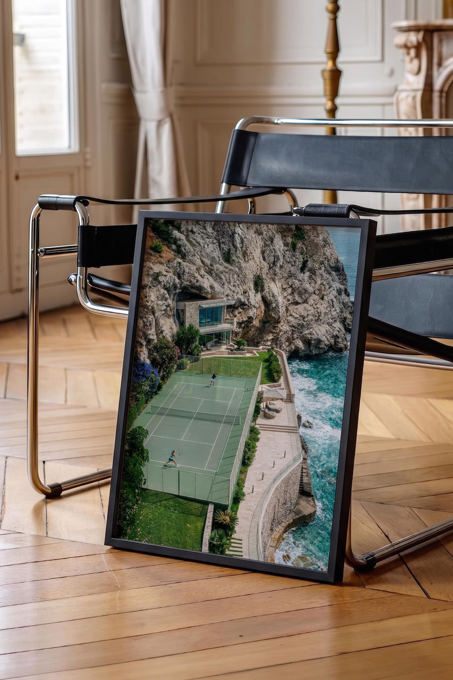 Kumsal Yanında Tenis Kortu Old Money Tasarımlar Poster – Siyah Çerçeveli Tablo
