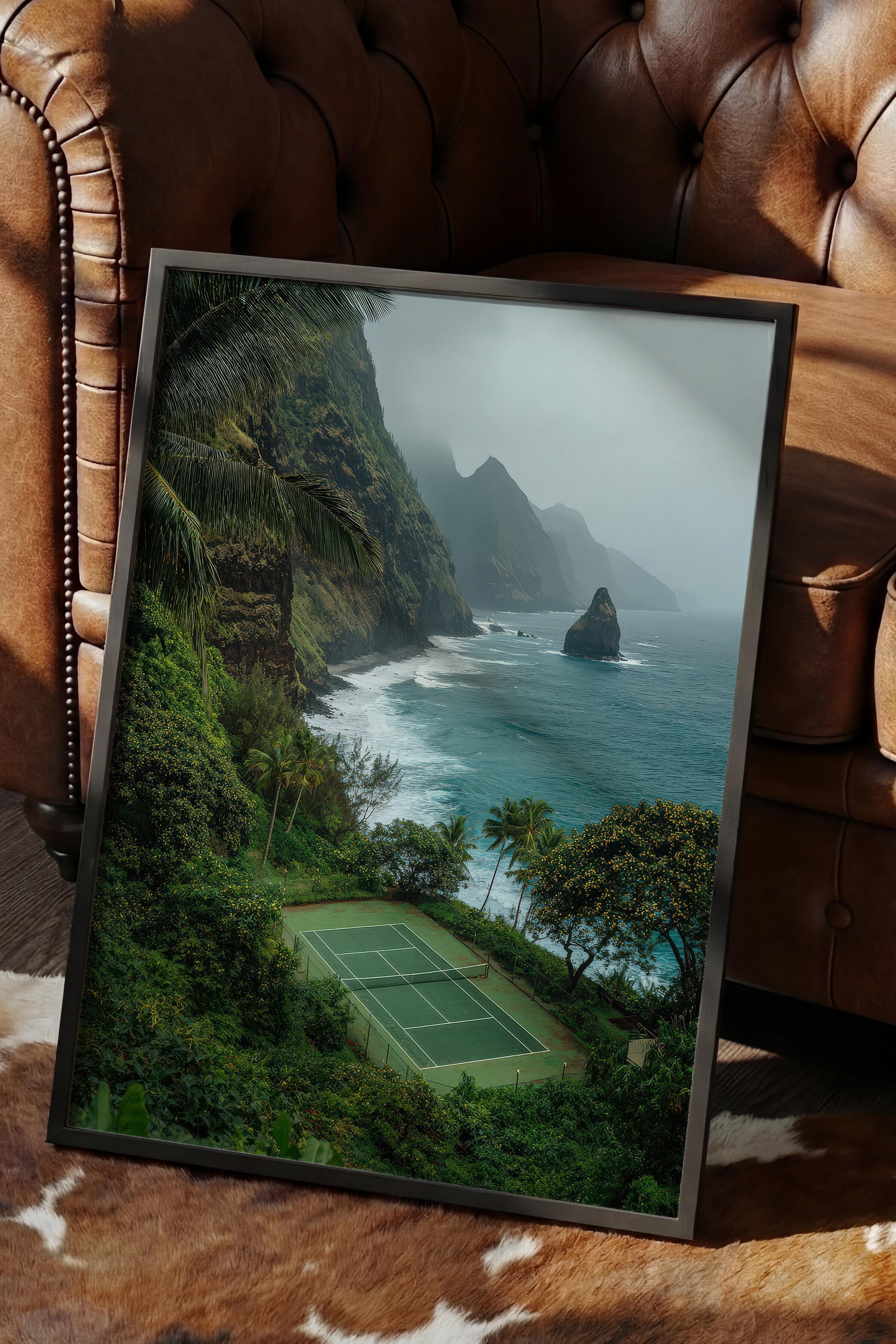 Tenis Kortu ve Manzara Posteri, Siyah Çerçeveli Poster, Old Money Serisi, NO:113235