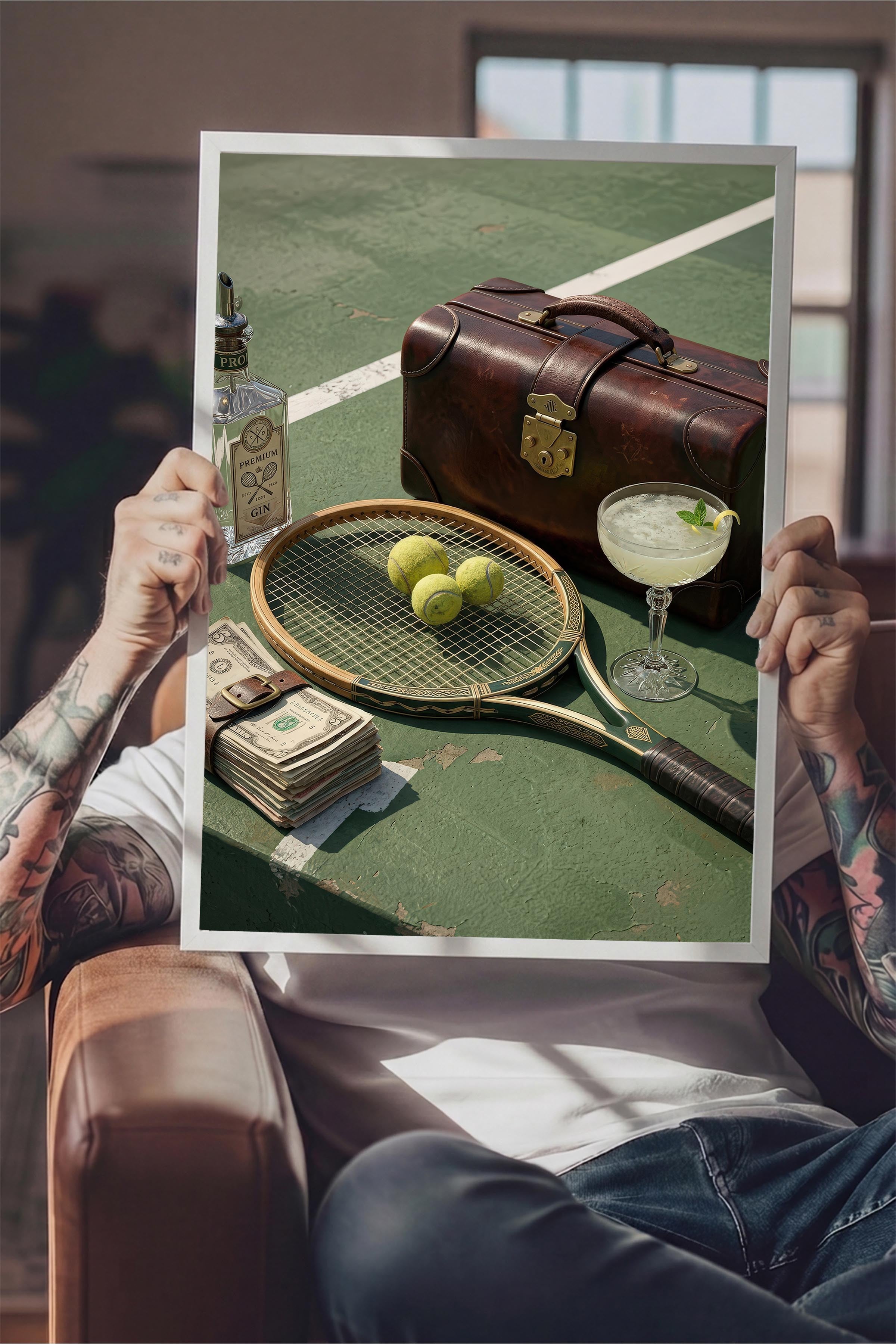 Tenis Raketi ve Kokteyl Posteri, Beyaz Çerçeveli Poster, Old Money Serisi, NO:113153