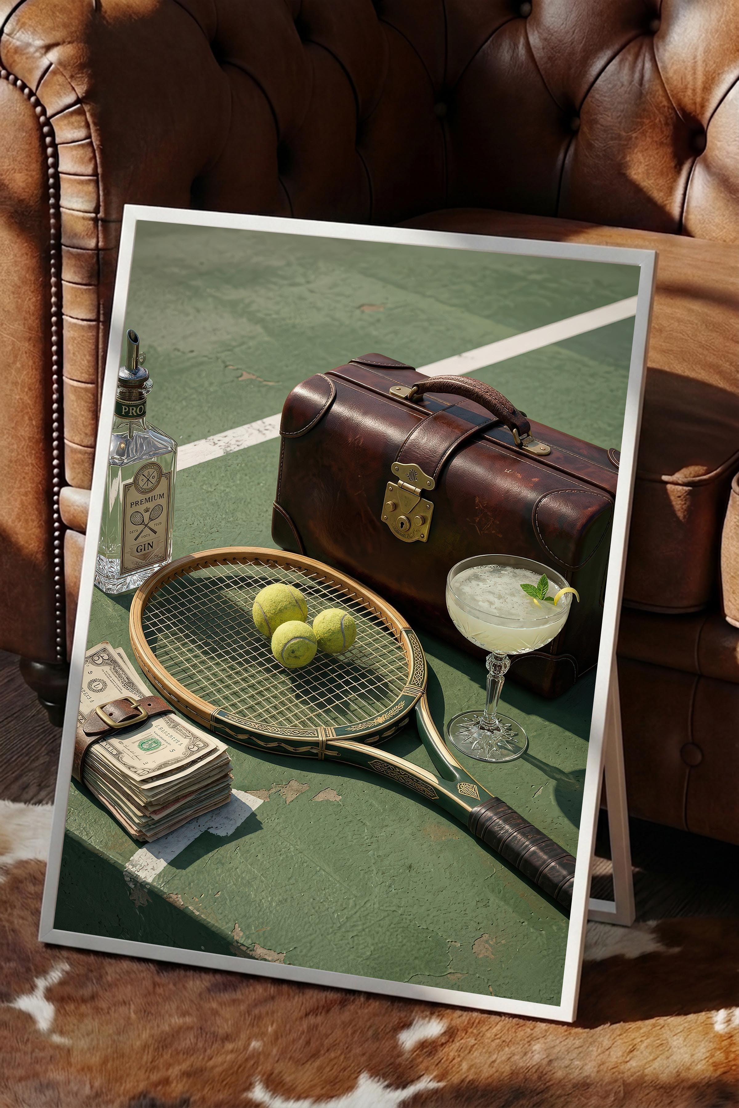 Tenis Raketi ve Kokteyl Posteri, Beyaz Çerçeveli Poster, Old Money Serisi, NO:113153