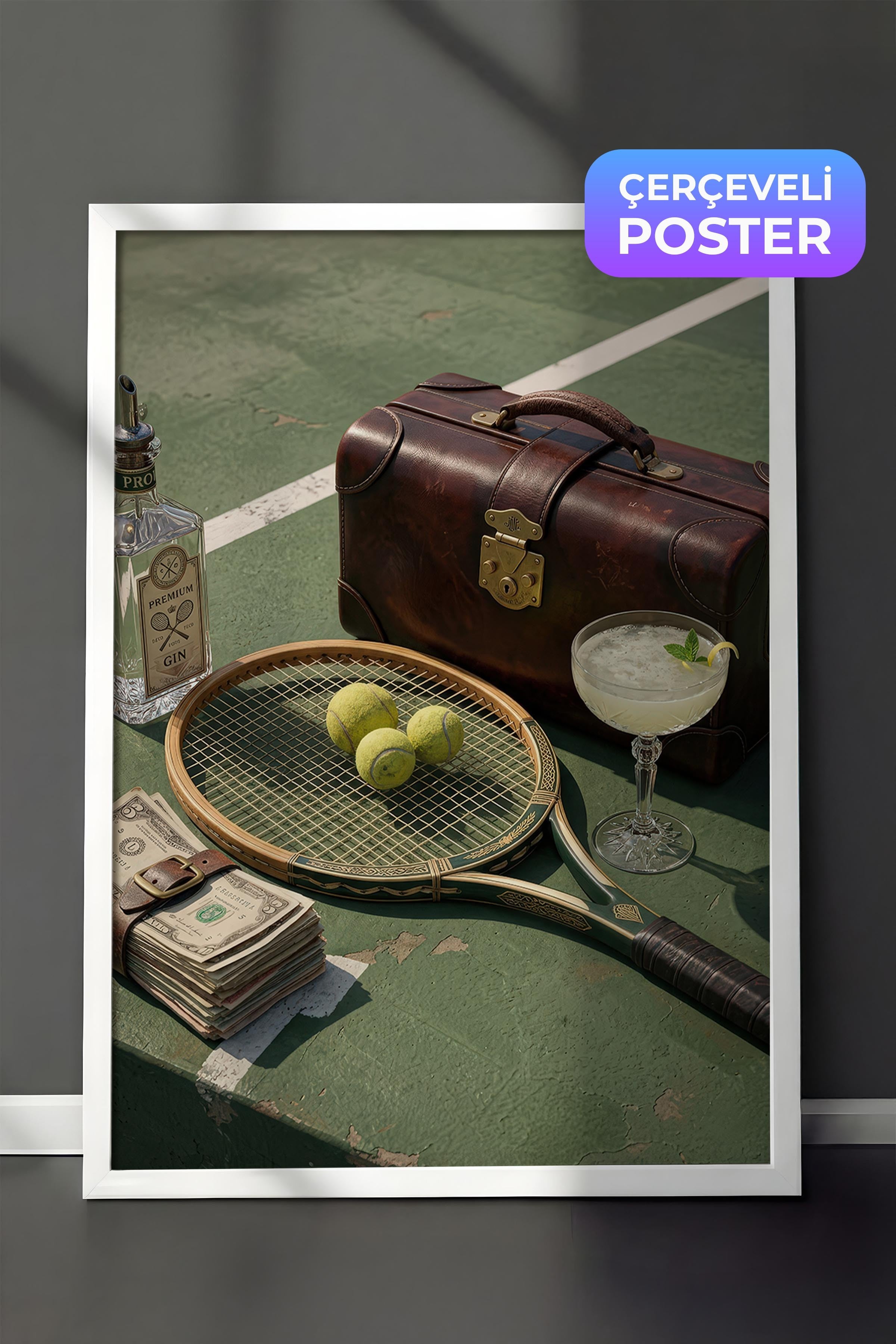 Tenis Raketi ve Kokteyl Posteri, Beyaz Çerçeveli Poster, Old Money Serisi, NO:113153