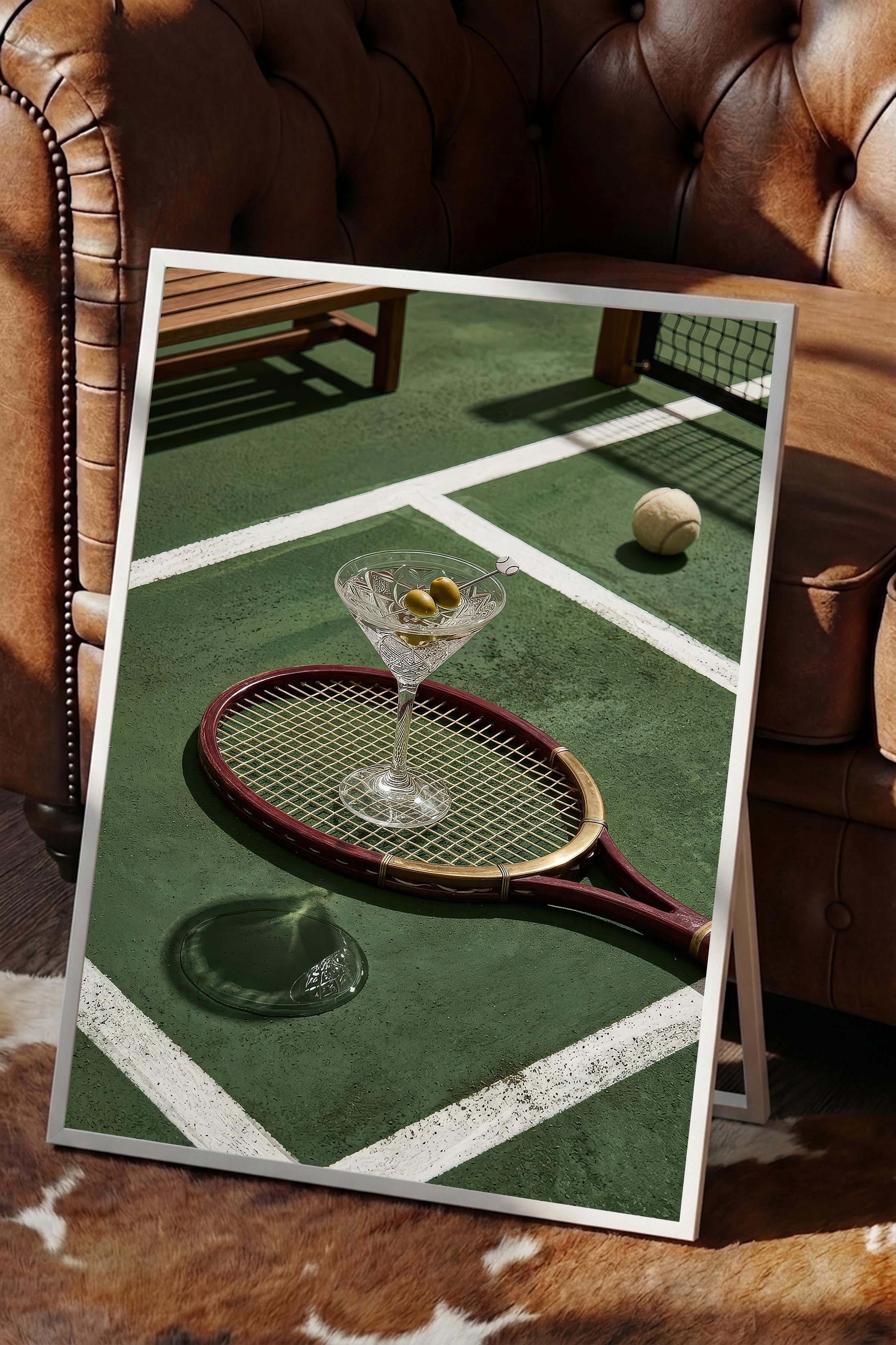 Tenis Raketi ve Kokteyl Posteri, Beyaz Çerçeveli Poster, Old Money Serisi, NO:113179