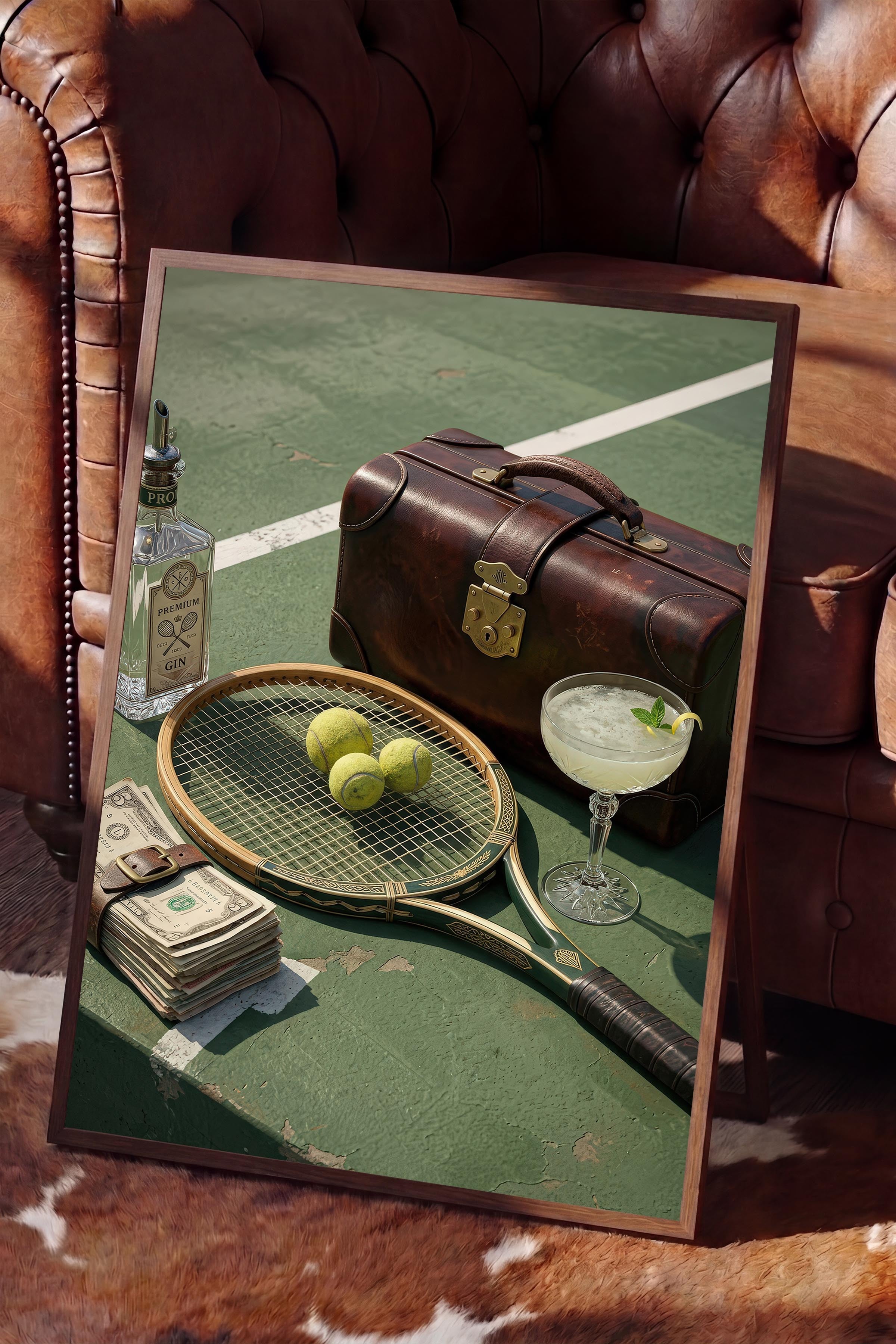 Tenis Raketi ve Kokteyl Posteri, Kahverengi Çerçeveli Poster, Old Money Serisi, NO:113153
