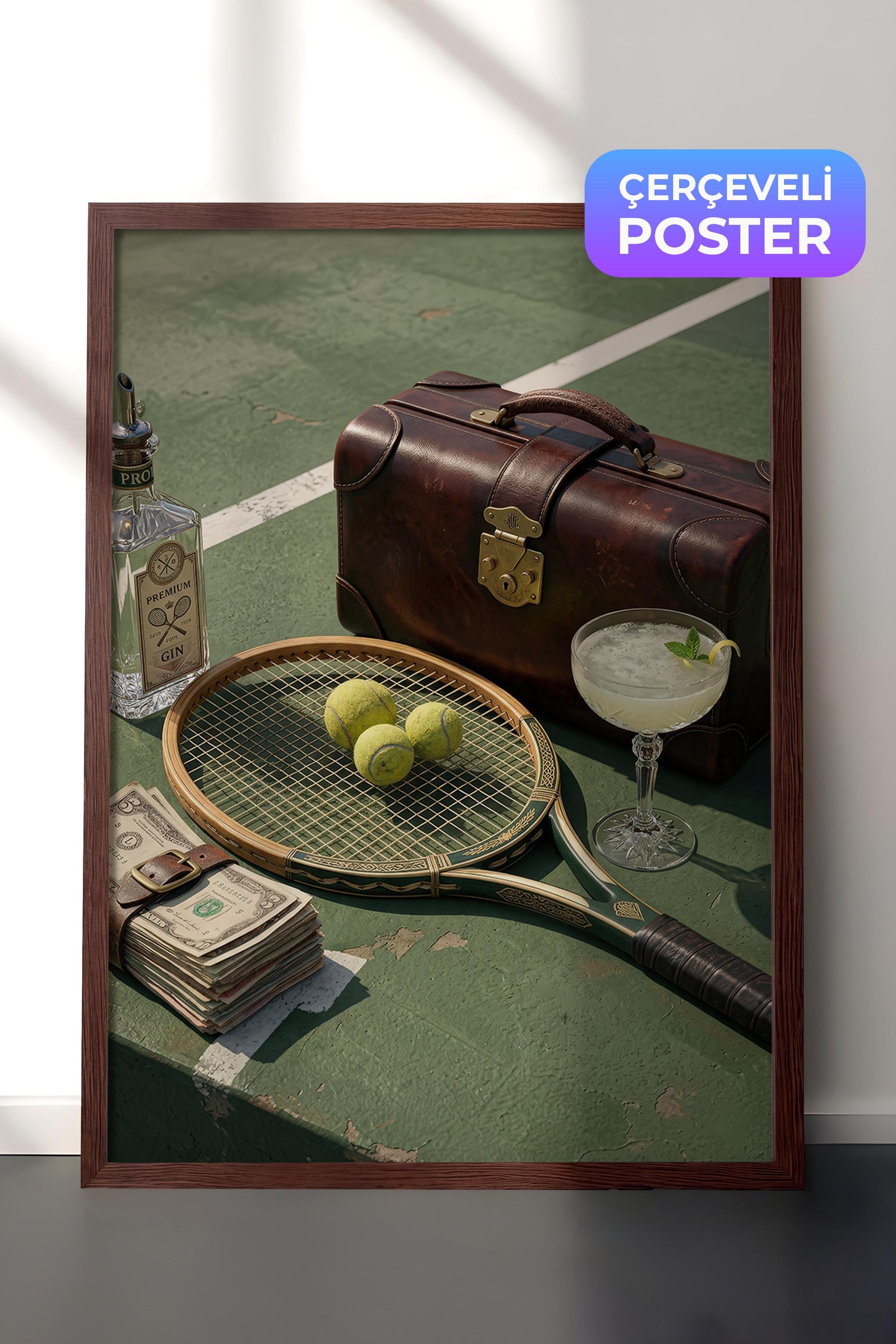 Tenis Raketi ve Kokteyl Posteri, Kahverengi Çerçeveli Poster, Old Money Serisi, NO:113153