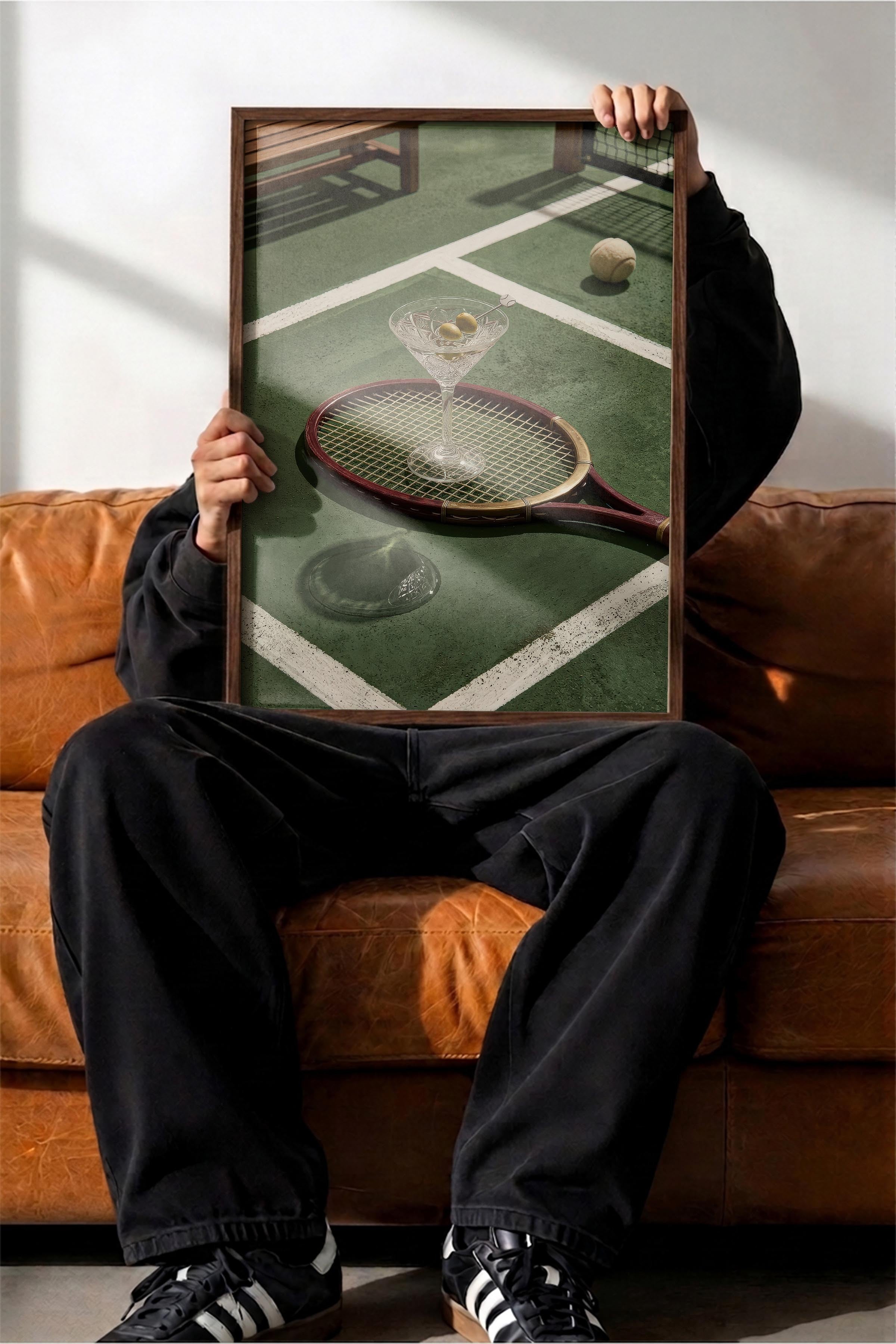 Tenis Raketi ve Kokteyl Posteri, Kahverengi Çerçeveli Poster, Old Money Serisi, NO:113179