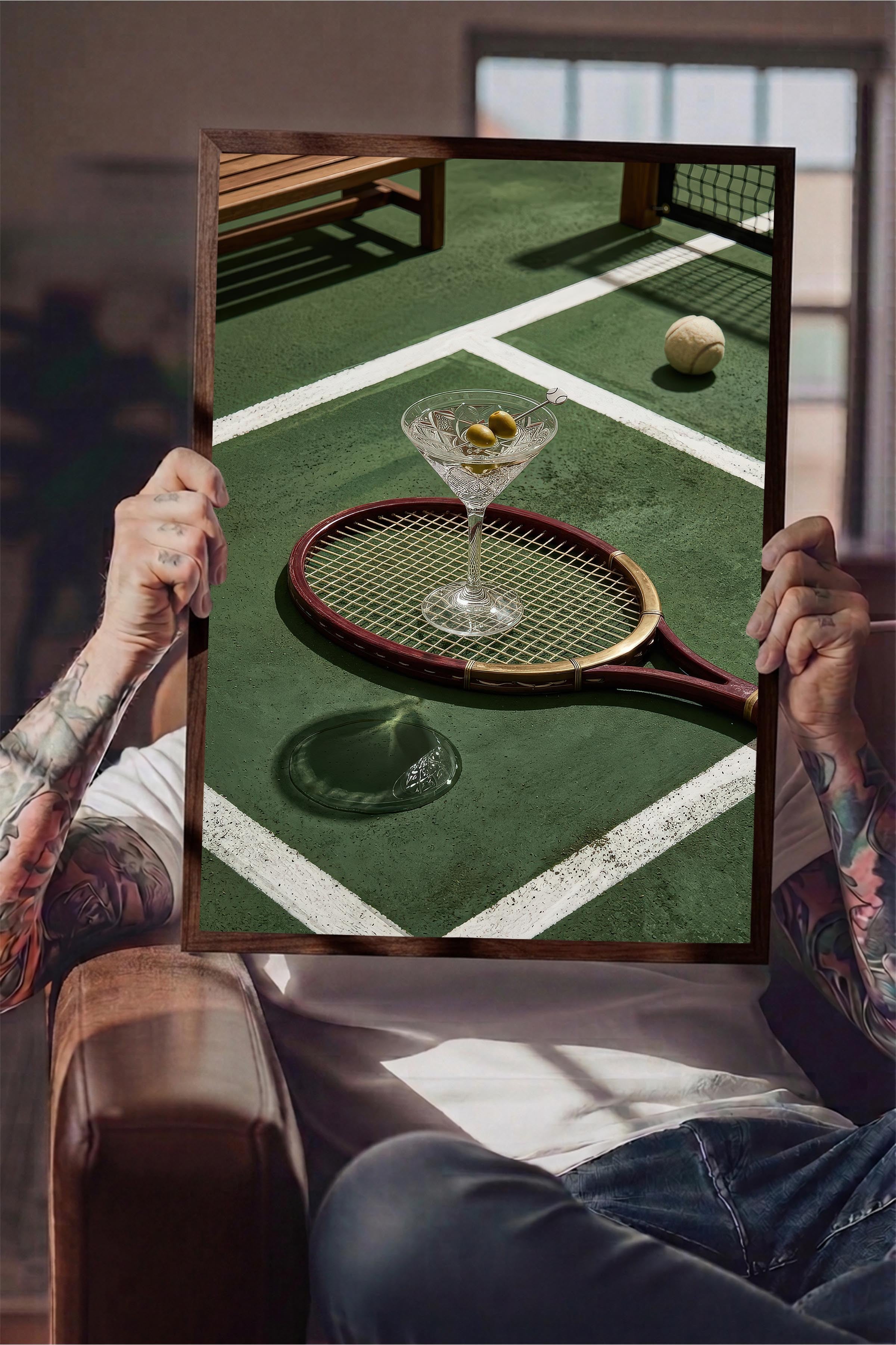 Tenis Raketi ve Kokteyl Posteri, Kahverengi Çerçeveli Poster, Old Money Serisi, NO:113179