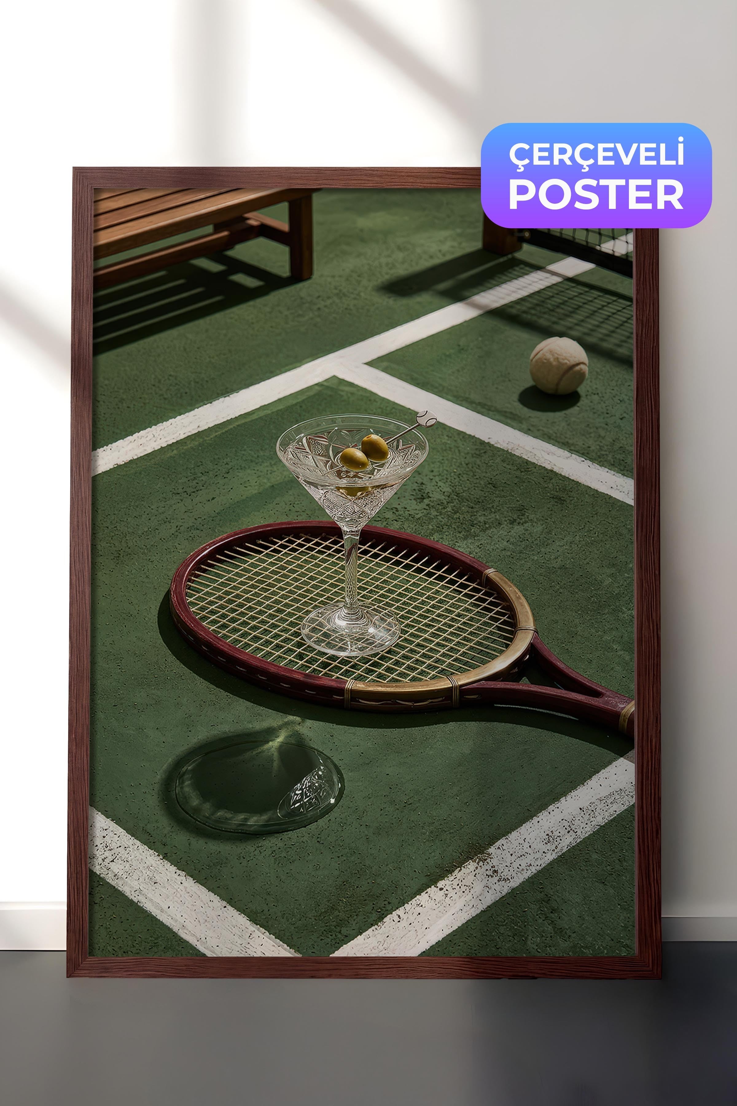 Tenis Raketi ve Kokteyl Posteri, Kahverengi Çerçeveli Poster, Old Money Serisi, NO:113179