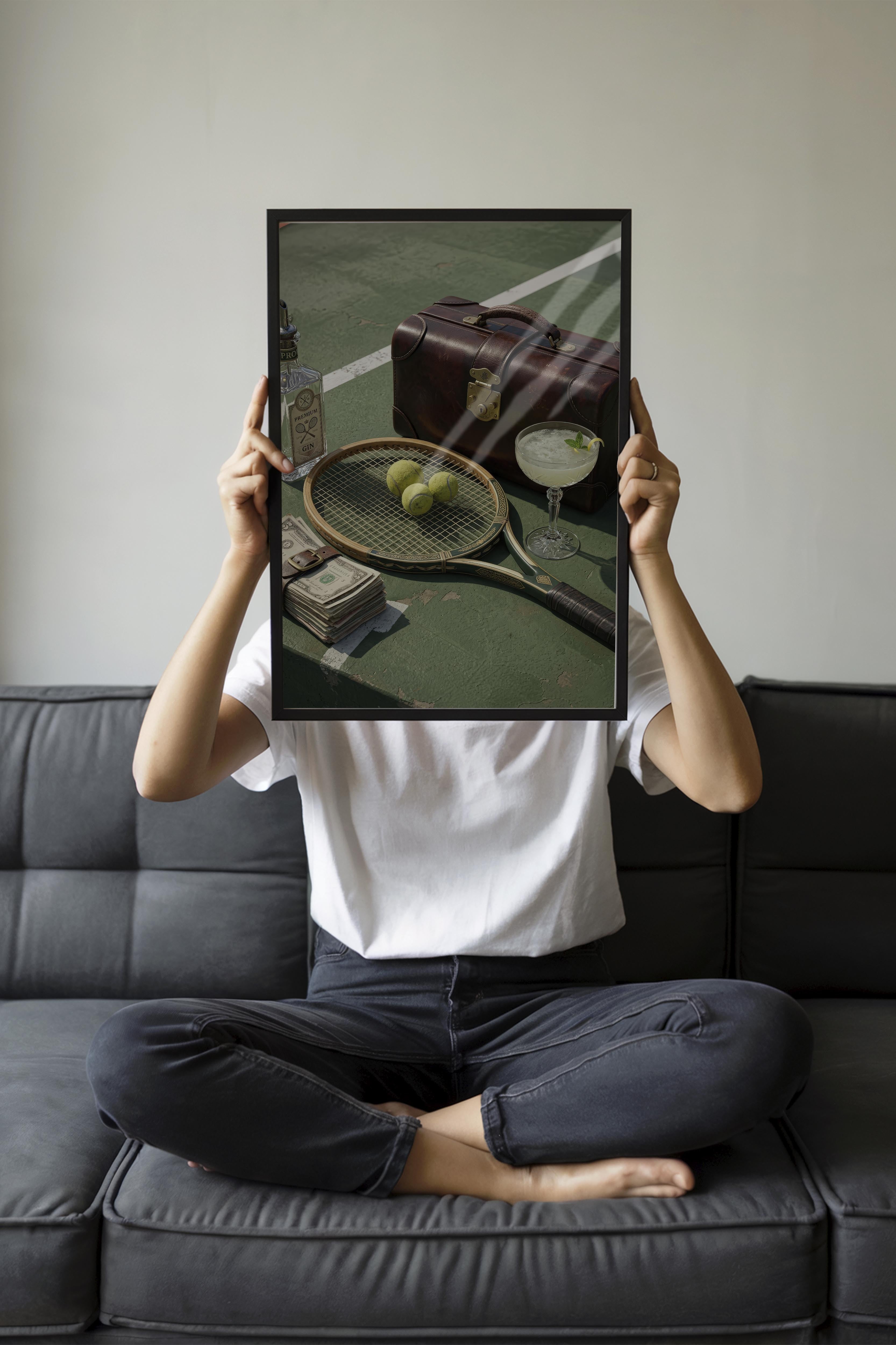Tenis Raketi ve Kokteyl Posteri, Siyah Çerçeveli Poster, Old Money Serisi, NO:113153