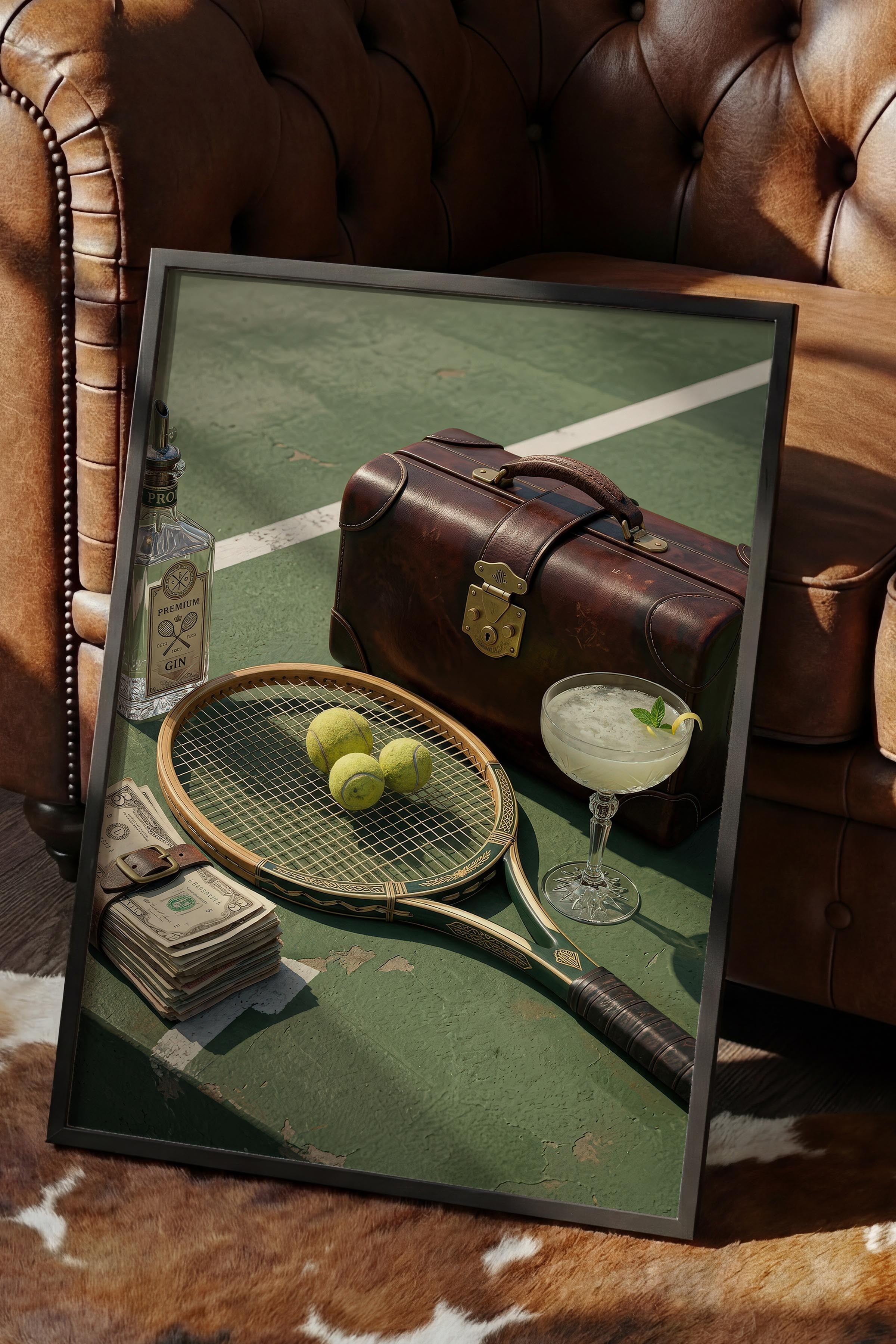 Tenis Raketi ve Kokteyl Posteri, Siyah Çerçeveli Poster, Old Money Serisi, NO:113153